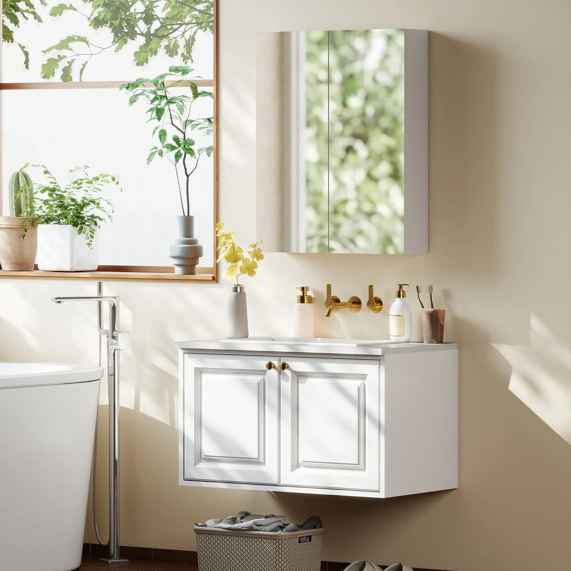 HOMCOM Wall Mounted Bathroom Mirror Storage Cabinet w/ Door Adjustable Shelf - Image 9