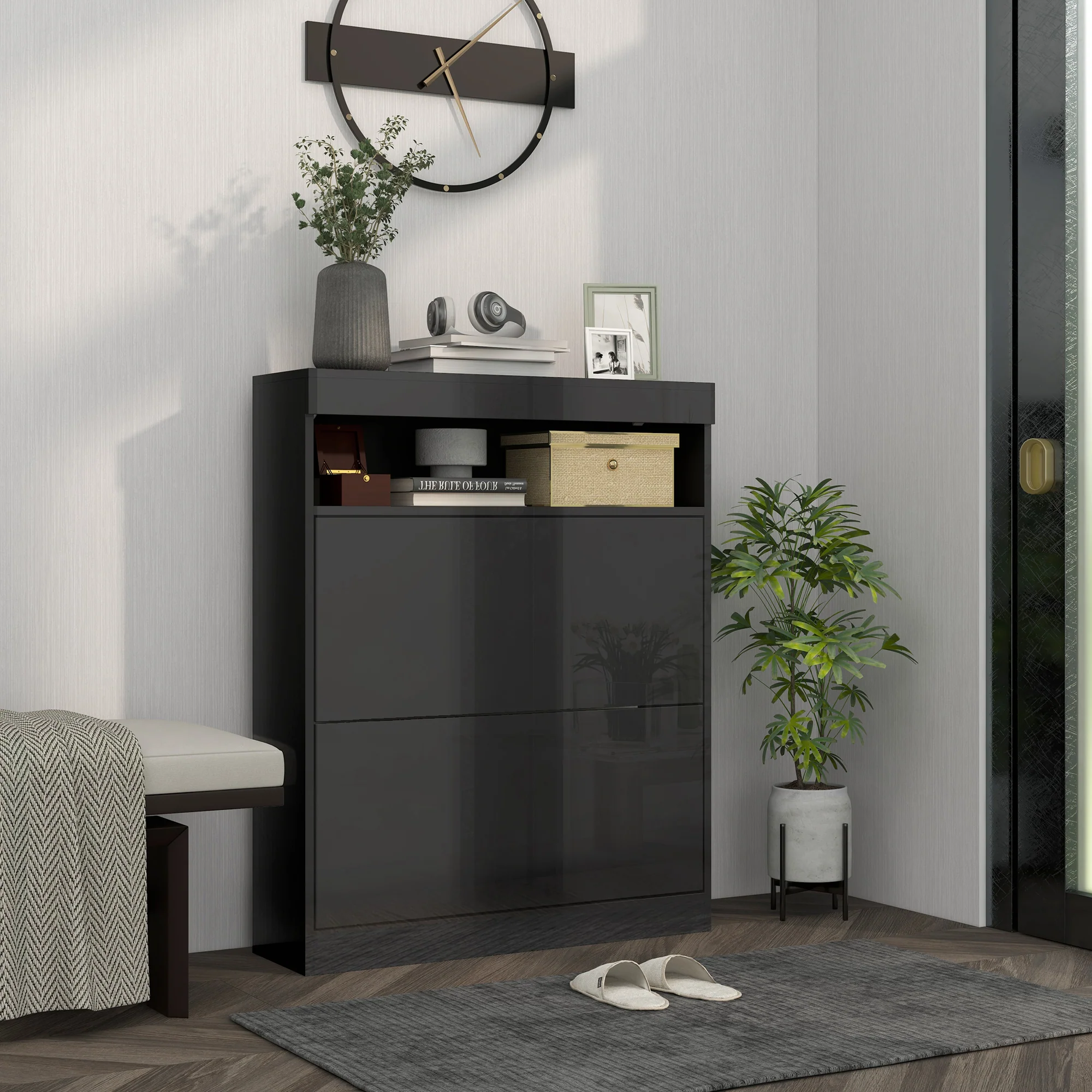 HOMCOM Wall Mounted Or Freestanding Shoe Cabinet With 2 Flip Drawers, White/Black - Image 11