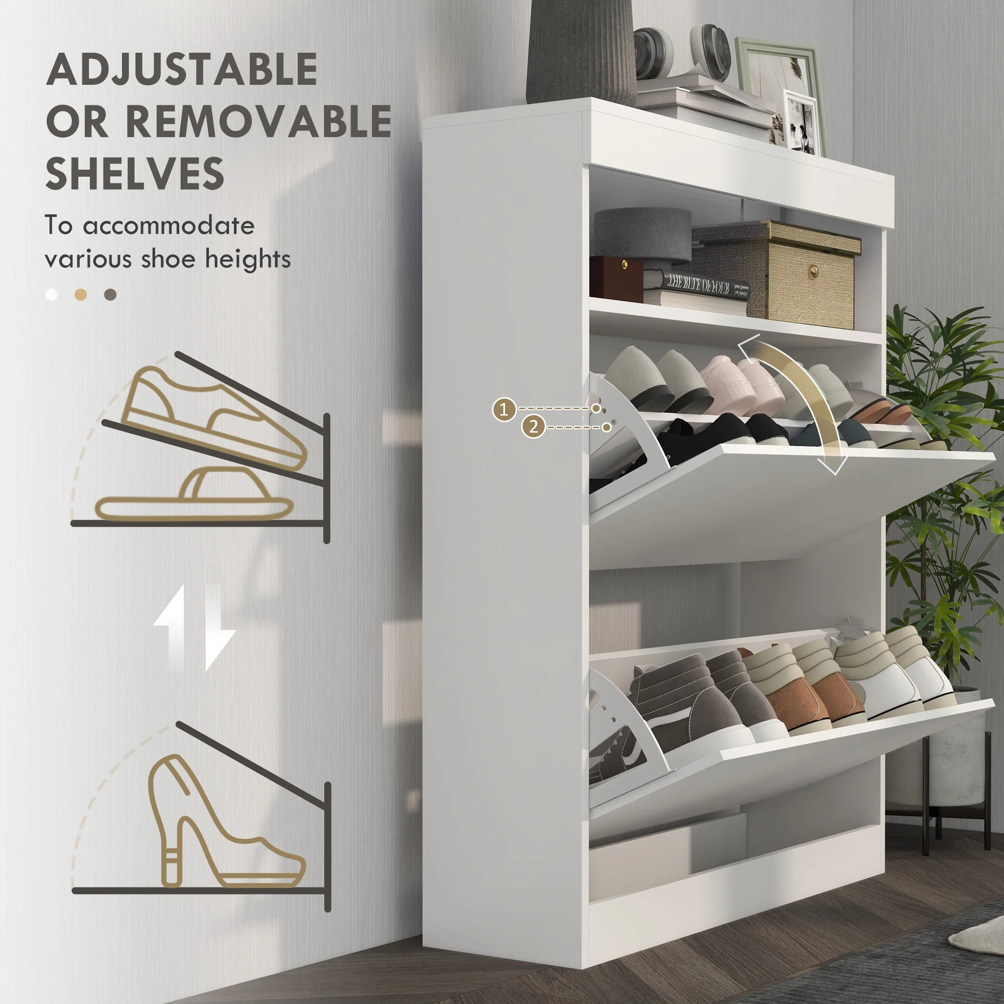 HOMCOM Wall Mounted Or Freestanding Shoe Cabinet With 2 Flip Drawers, White/Black - Image 4