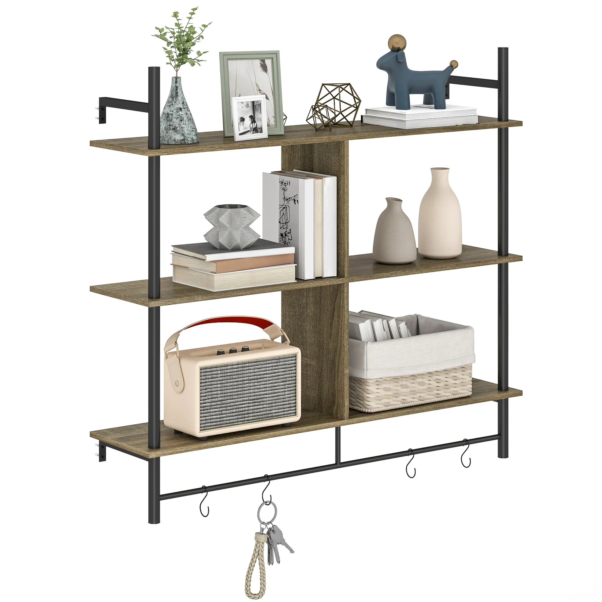 HOMCOM Wall Shelf Unit with 4 Hooks for Living Room