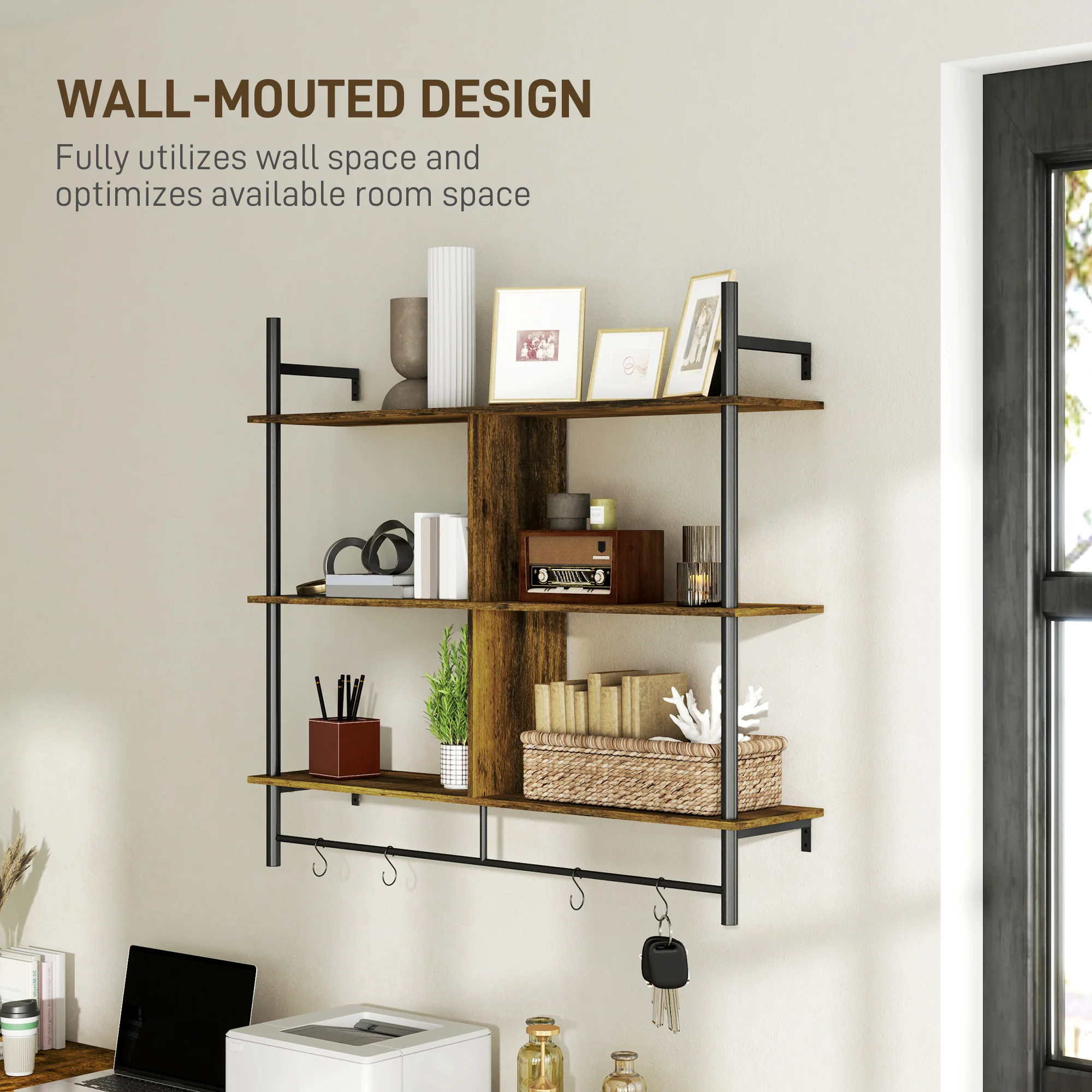 HOMCOM Wall Shelf Unit with 4 Hooks for Living Room - Image 15