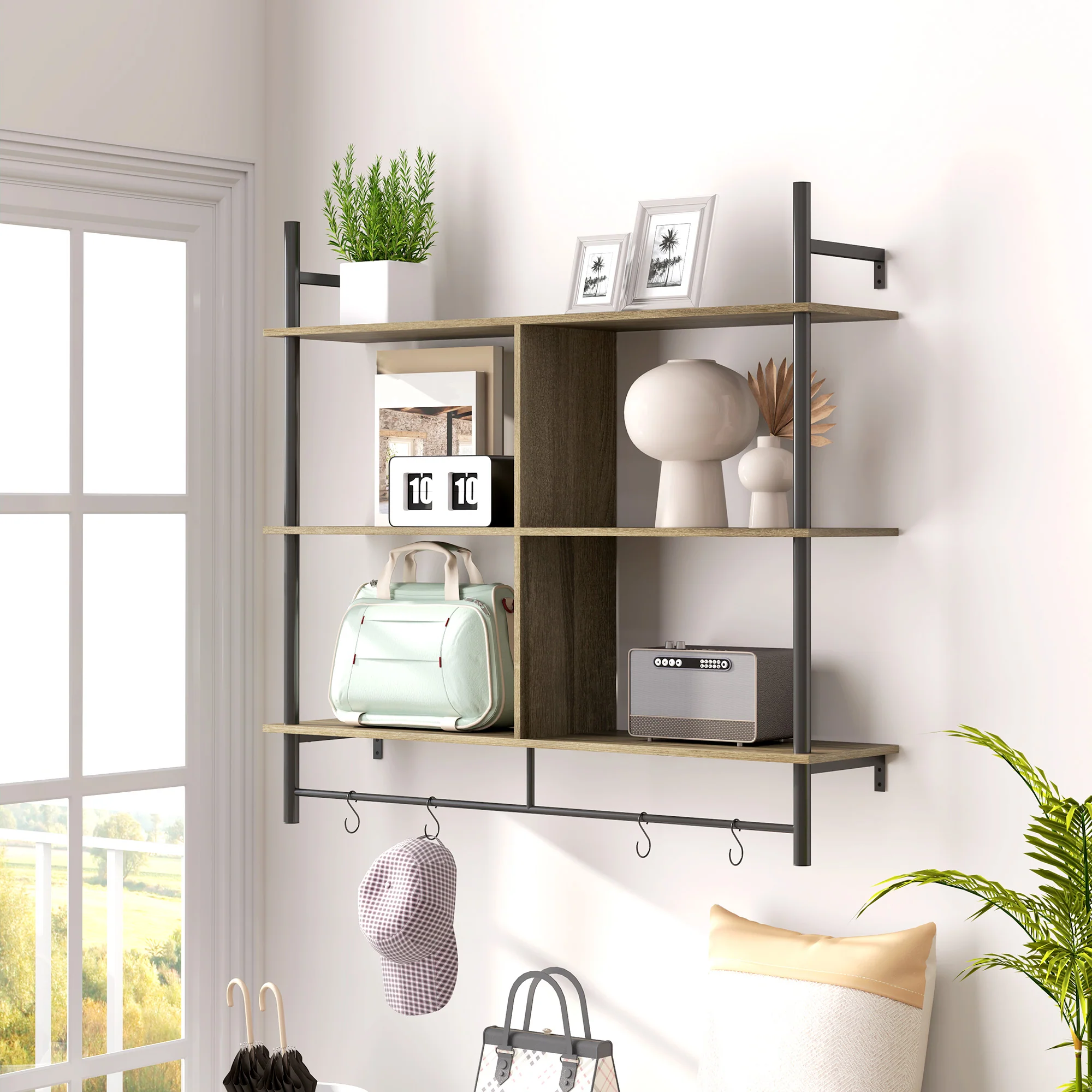 HOMCOM Wall Shelf Unit with 4 Hooks for Living Room - Image 2