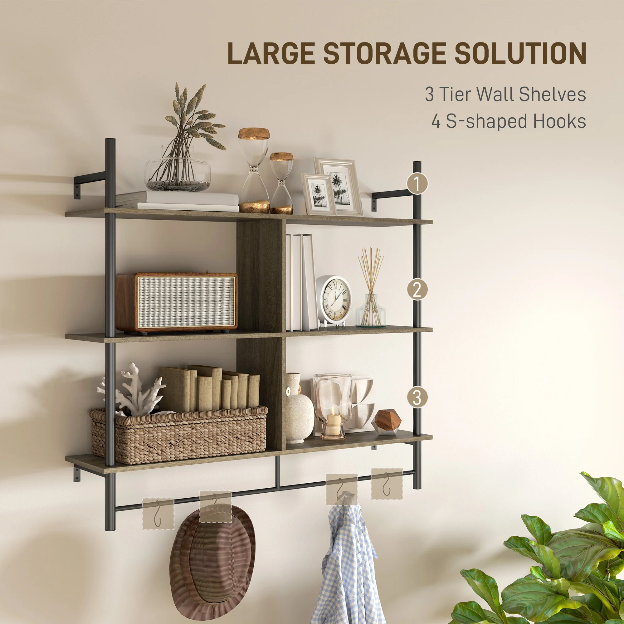 HOMCOM Wall Shelf Unit with 4 Hooks for Living Room - Image 3