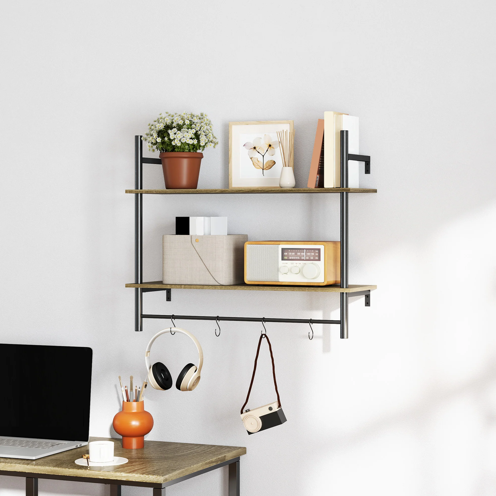 HOMCOM Wall Shelf Unit with 4 Hooks for Living Room, Entryway - Image 7