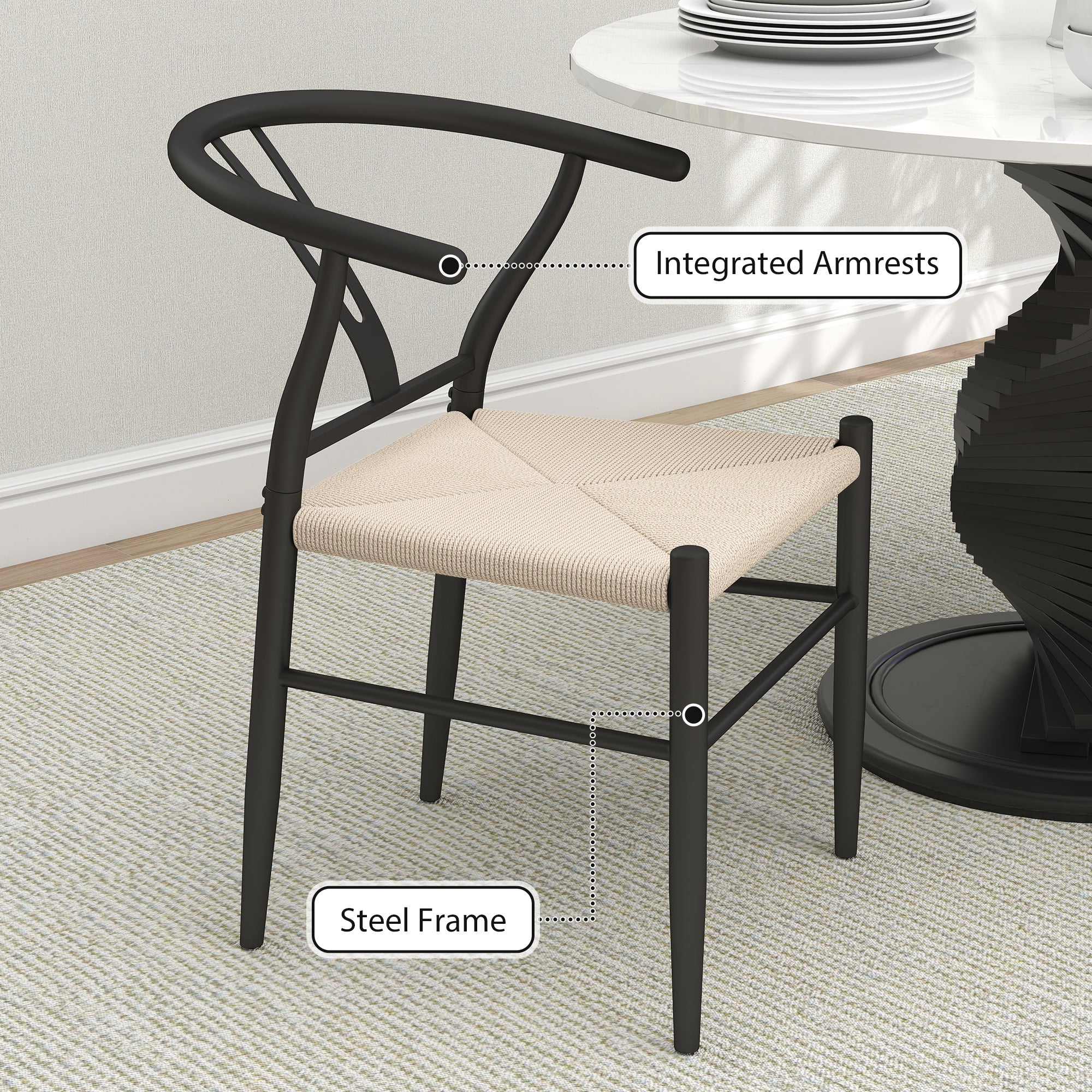 HOMCOM Weave Dining Chairs Set of 2 with Y-Shaped Backrest Hemp Seat Black - Image 4