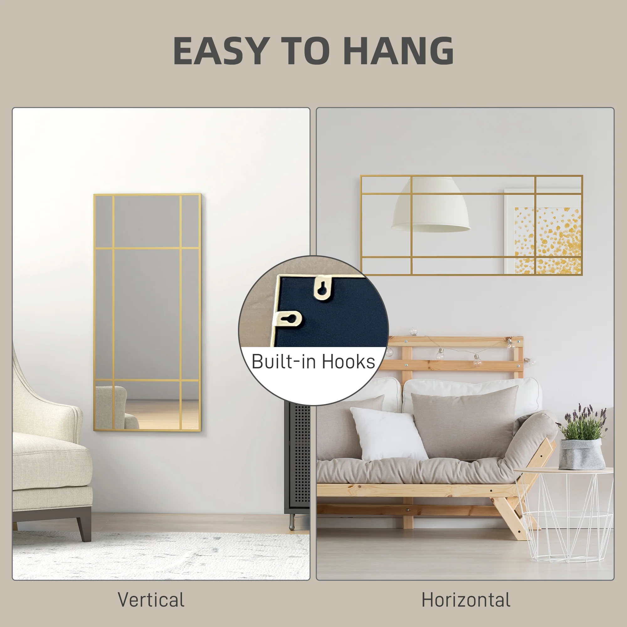 HOMCOM Window Style Vanity Mirror 110 X 50cm Hanging Wall Mirror Gold Tone - Image 4