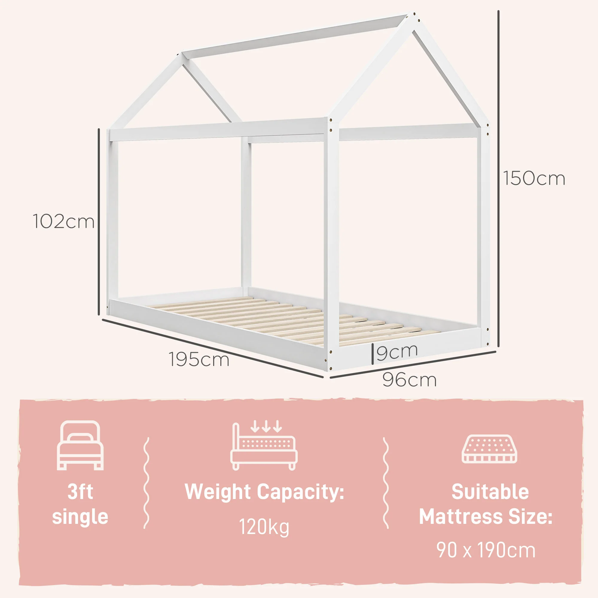 HOMCOM Wooden Single Bed Frame With Tree House Style, White And Grey - Image 5