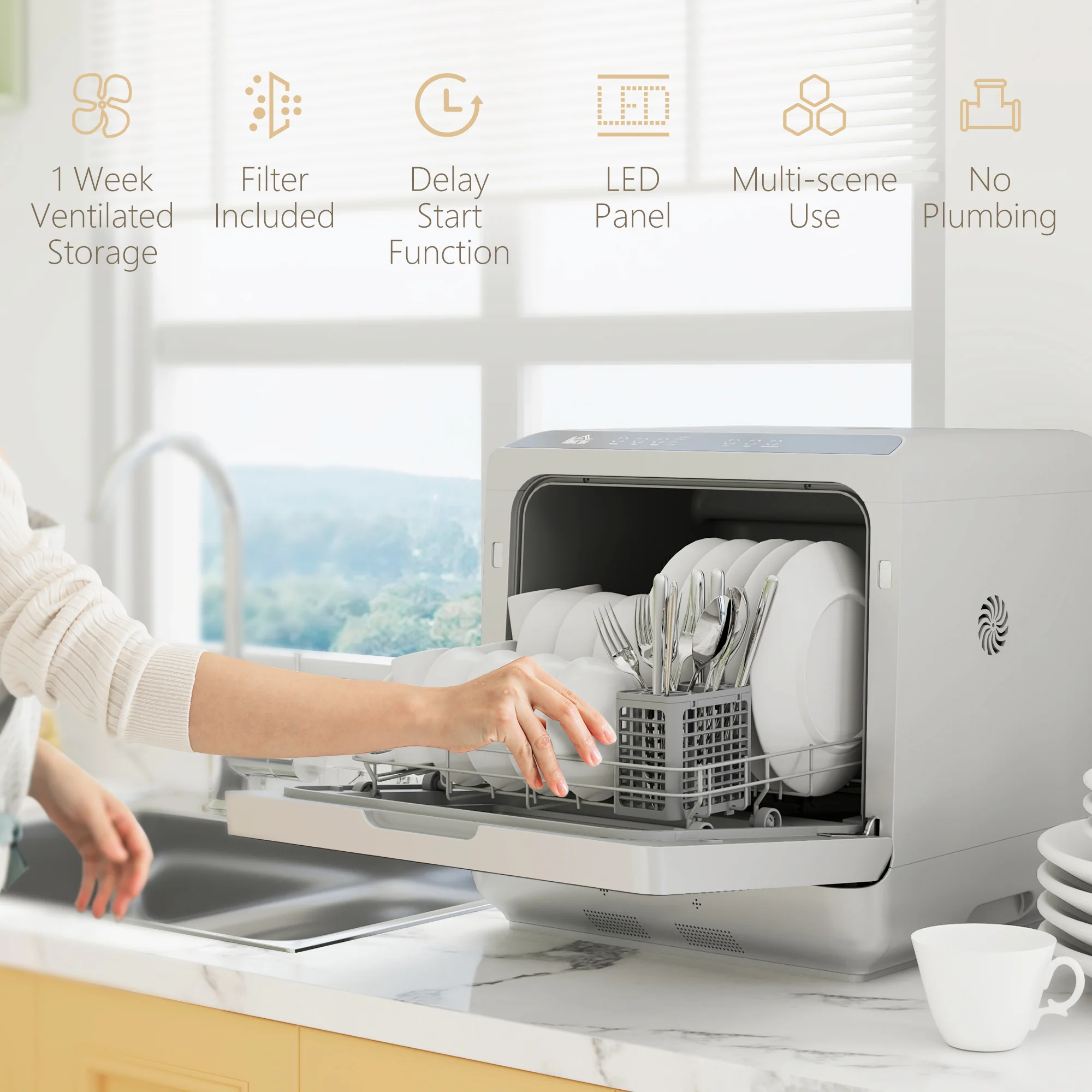 HOMCOM Worktop Dishwasher W/ 4 Place Settings 6 Programs, Silver Tone - Image 8