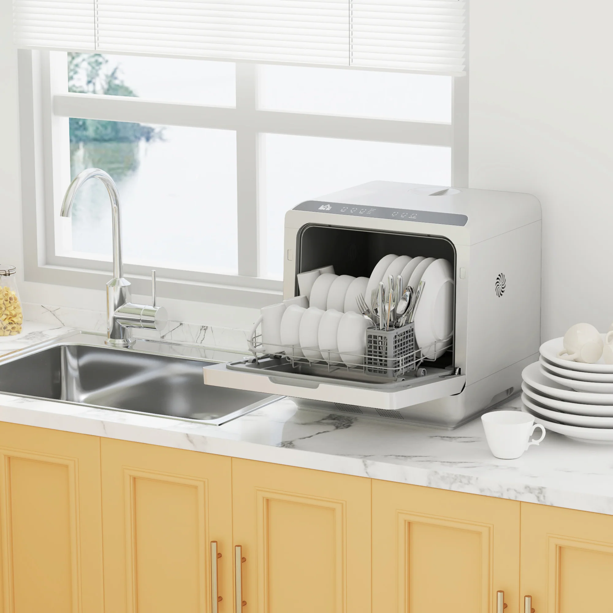HOMCOM Worktop Dishwasher W/ 4 Place Settings 6 Programs, Silver Tone - Image 9