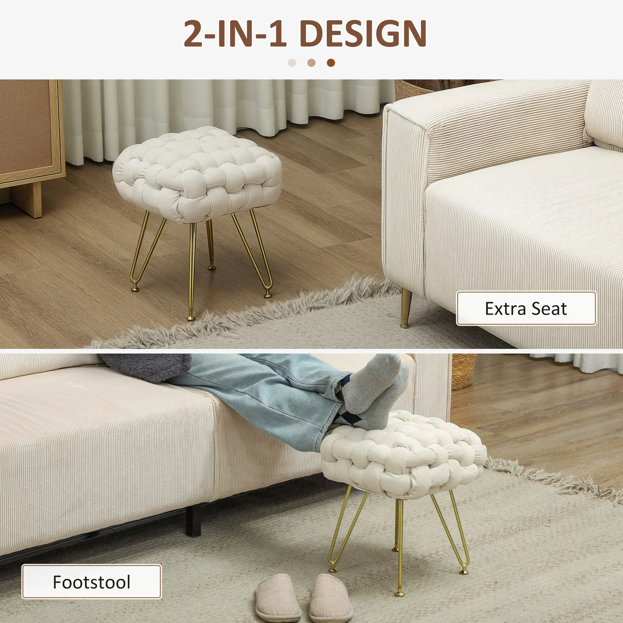 HOMCOM Woven Velvet Foot Stool With Steel Legs For Living Room, Cream White - Image 4