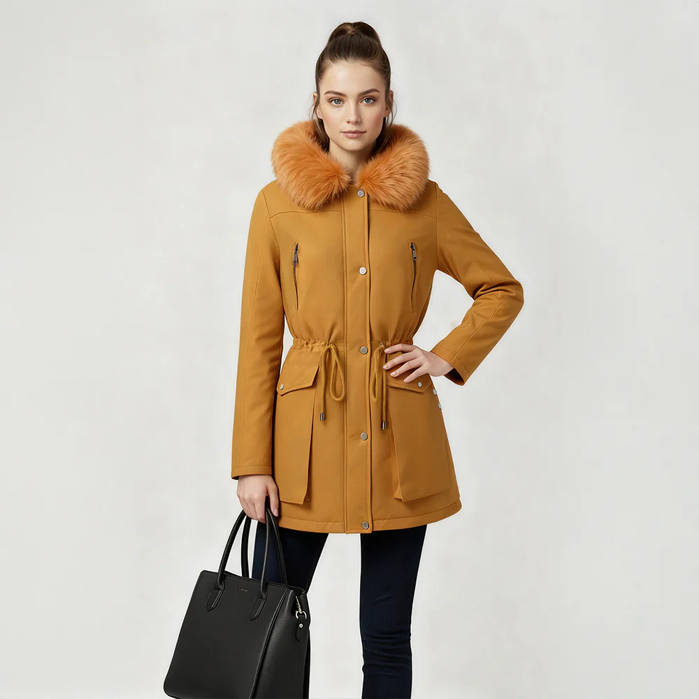 Hooded Mid-length Coat With Detachable Faux Fur Trim
