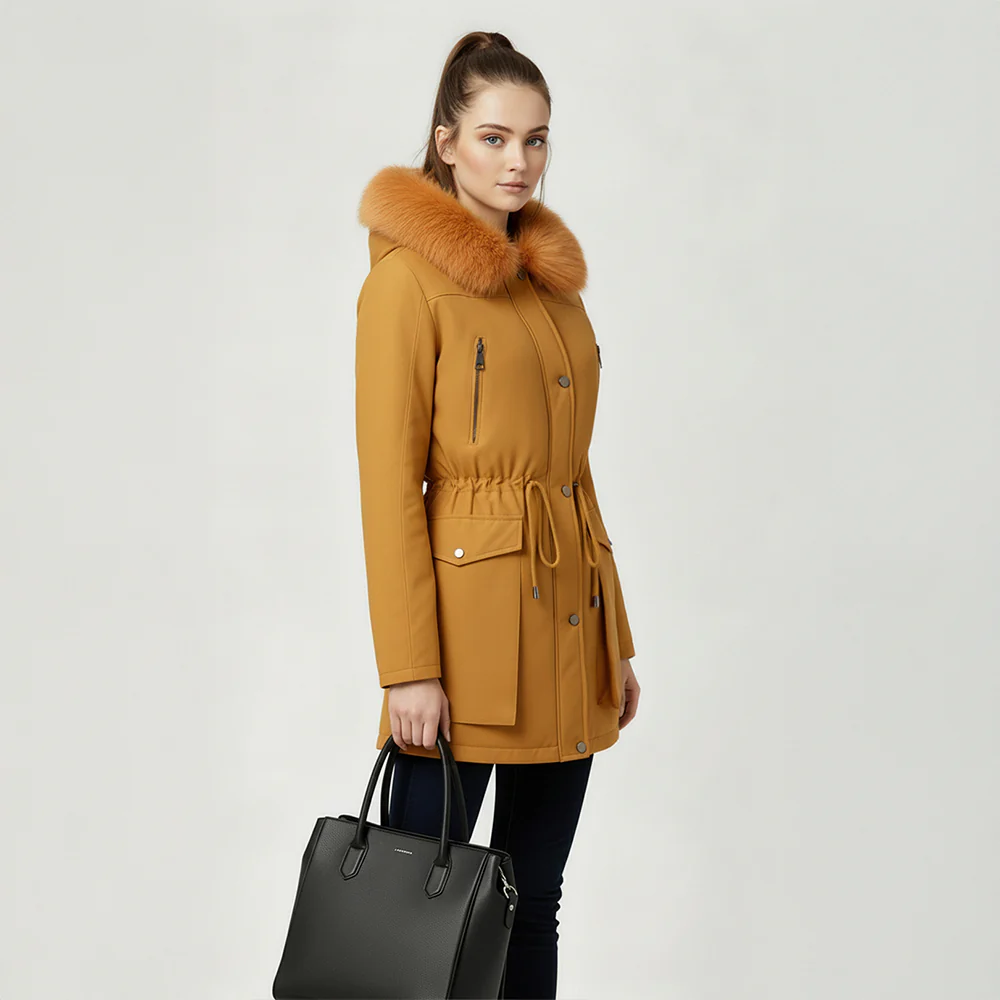 Hooded Mid-length Coat With Detachable Faux Fur Trim - Image 2