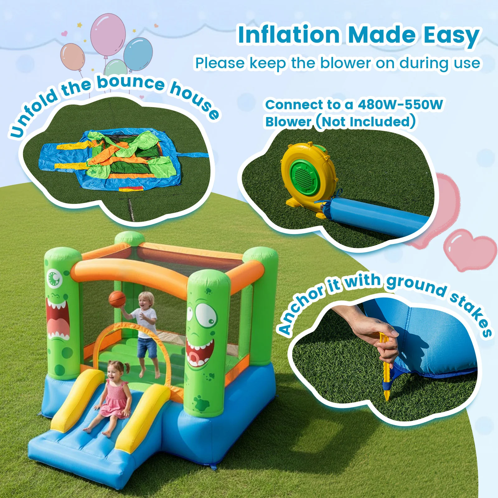 Inflatable Bounce House 2-in-1 Monster Themed Kids Bouncer with Slide (without Blower) - Image 10