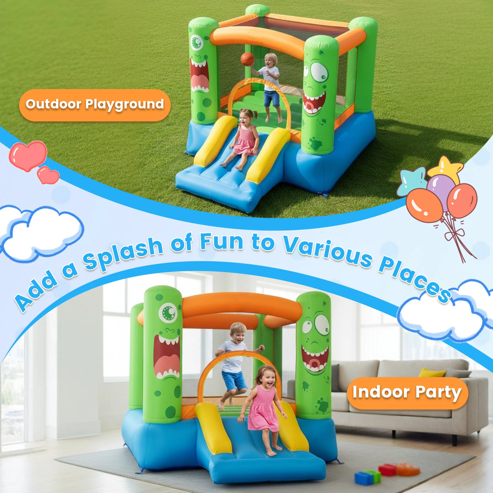 Inflatable Bounce House 2-in-1 Monster Themed Kids Bouncer with Slide (without Blower) - Image 5