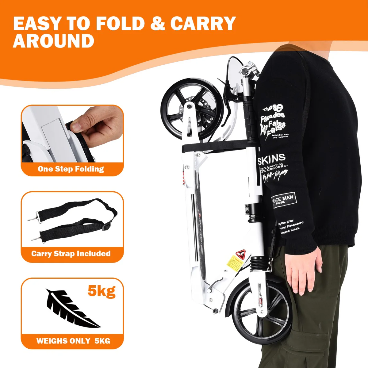 Kick Scooter with Adjustable Handlebar and Anti-Shocking Suspension-White - Image 8