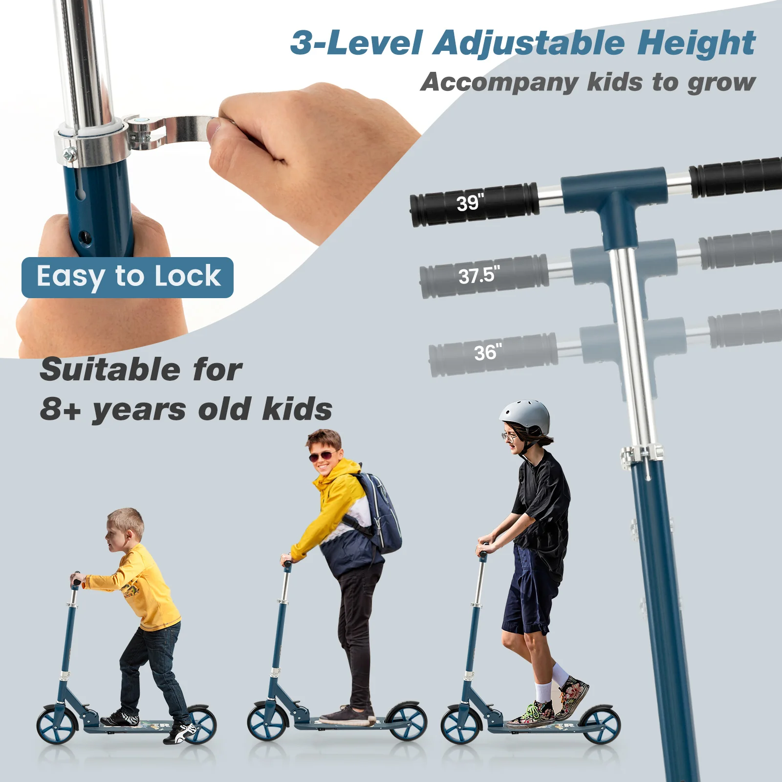 Kick Scooter with adjustable heights for Teens and Adults -Blue - Image 6