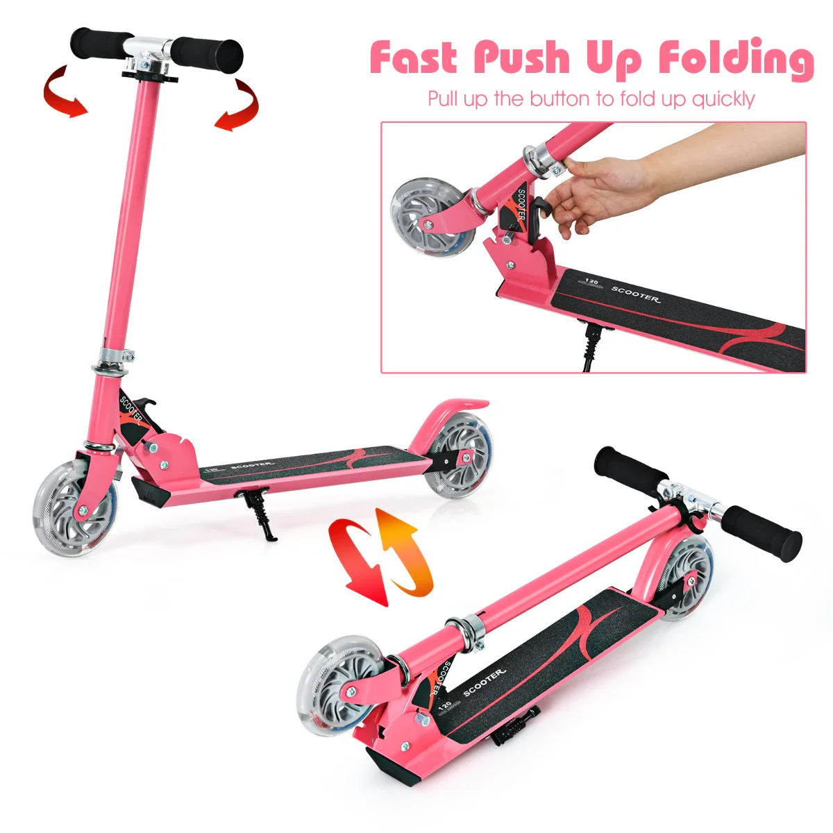 Kids Aluminum Folding Stunt Scooter with LED Wheels-Pink - Image 10