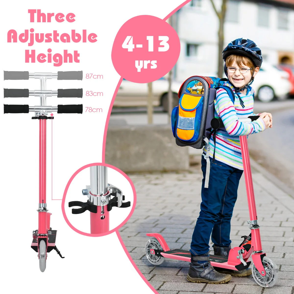 Kids Aluminum Folding Stunt Scooter with LED Wheels-Pink - Image 7