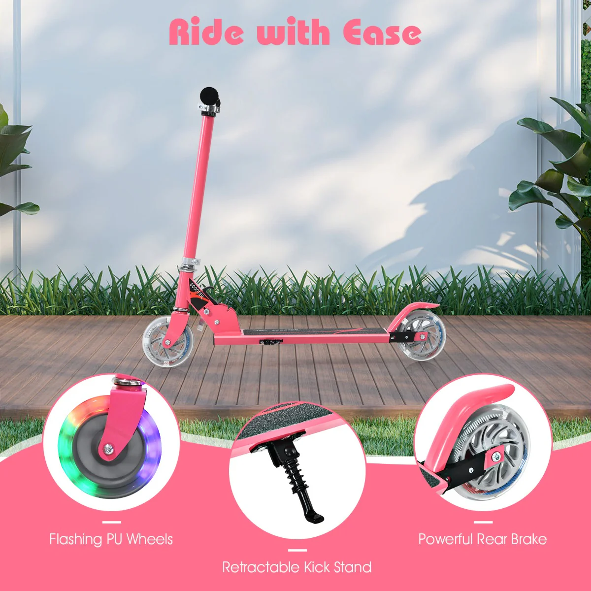 Kids Aluminum Folding Stunt Scooter with LED Wheels-Pink - Image 9