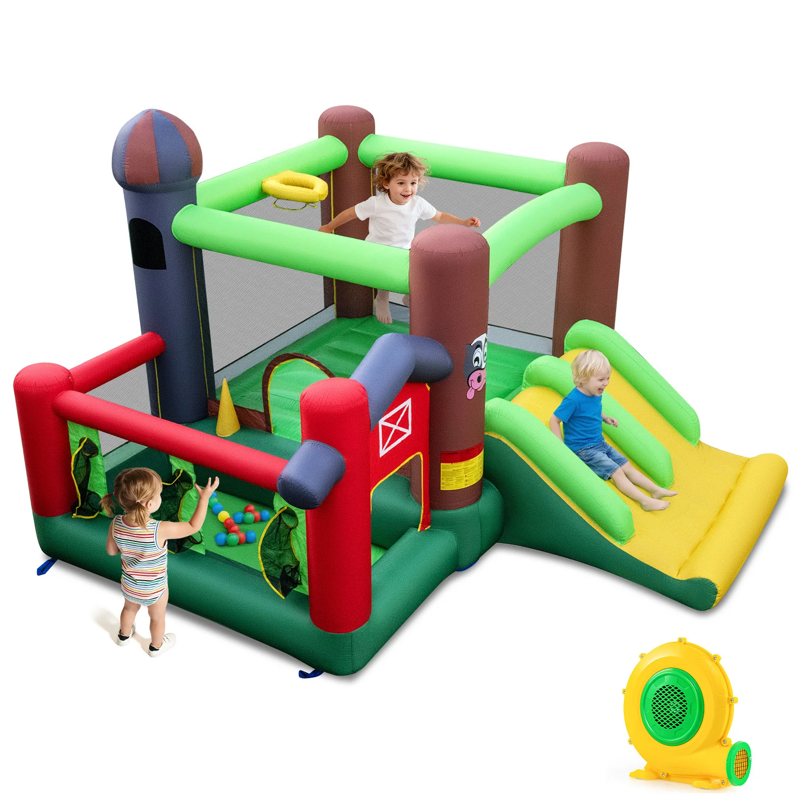 Kids Inflatable Bounce House With Dual Slides And Ball Pit Farm-hemed With 680W Blower - Image 3