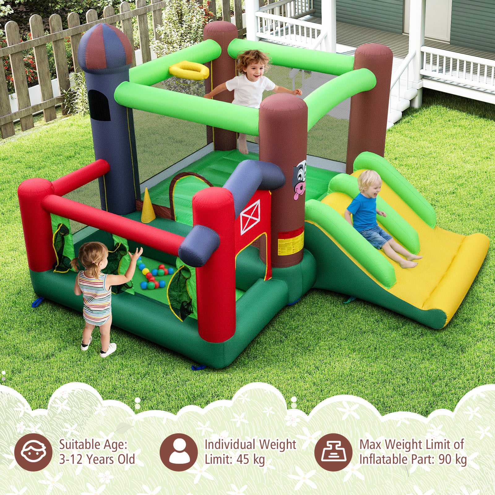 Kids Inflatable Bounce House With Dual Slides And Ball Pit Farm-hemed With 680W Blower - Image 5