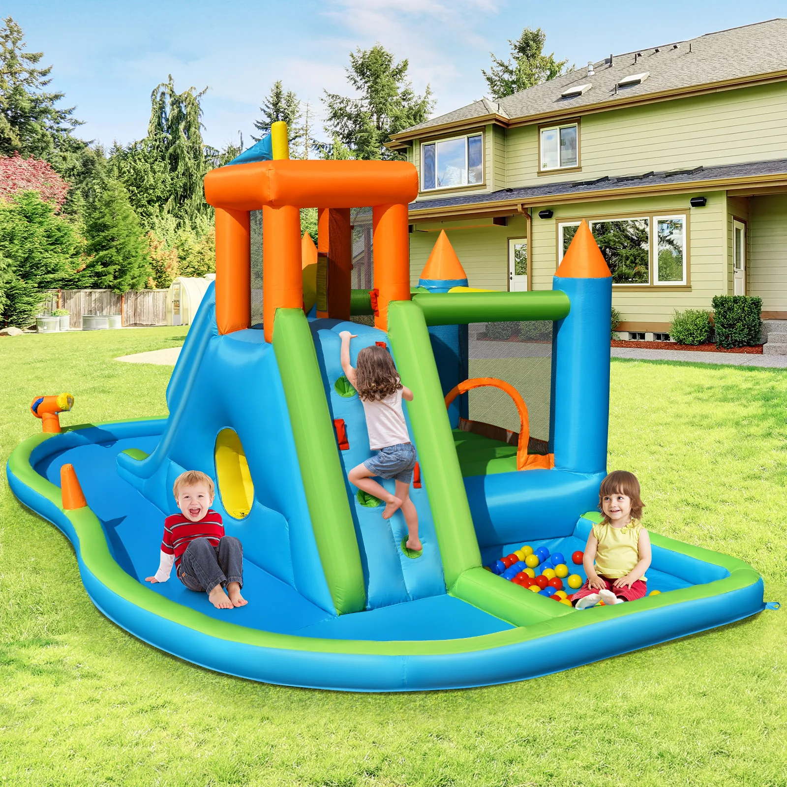 Kids Inflatable Slide Bounce House With Long Slide With Air Blower - Image 3
