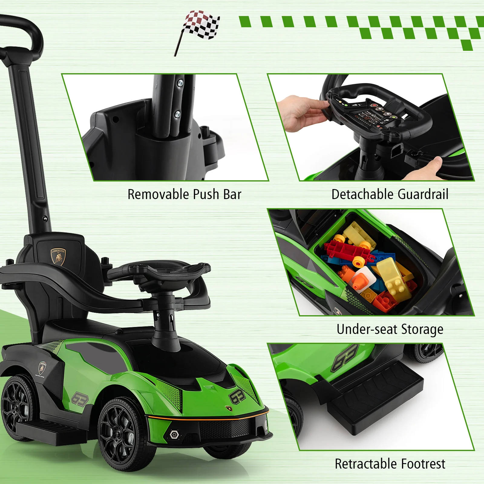 Kids Licensed Lamborghini Ride on Car with Push Handle-Green - Image 10