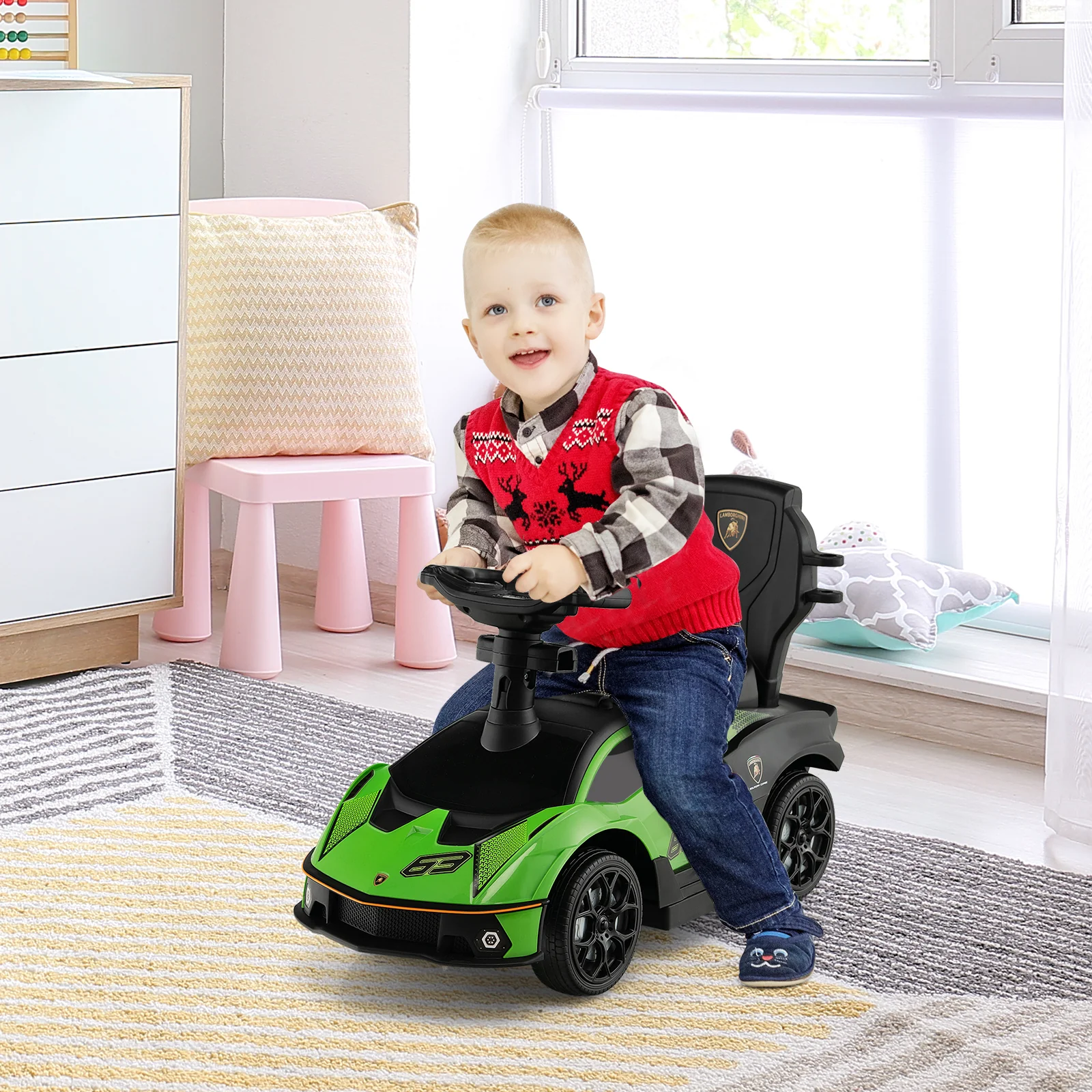Kids Licensed Lamborghini Ride on Car with Push Handle-Green - Image 2