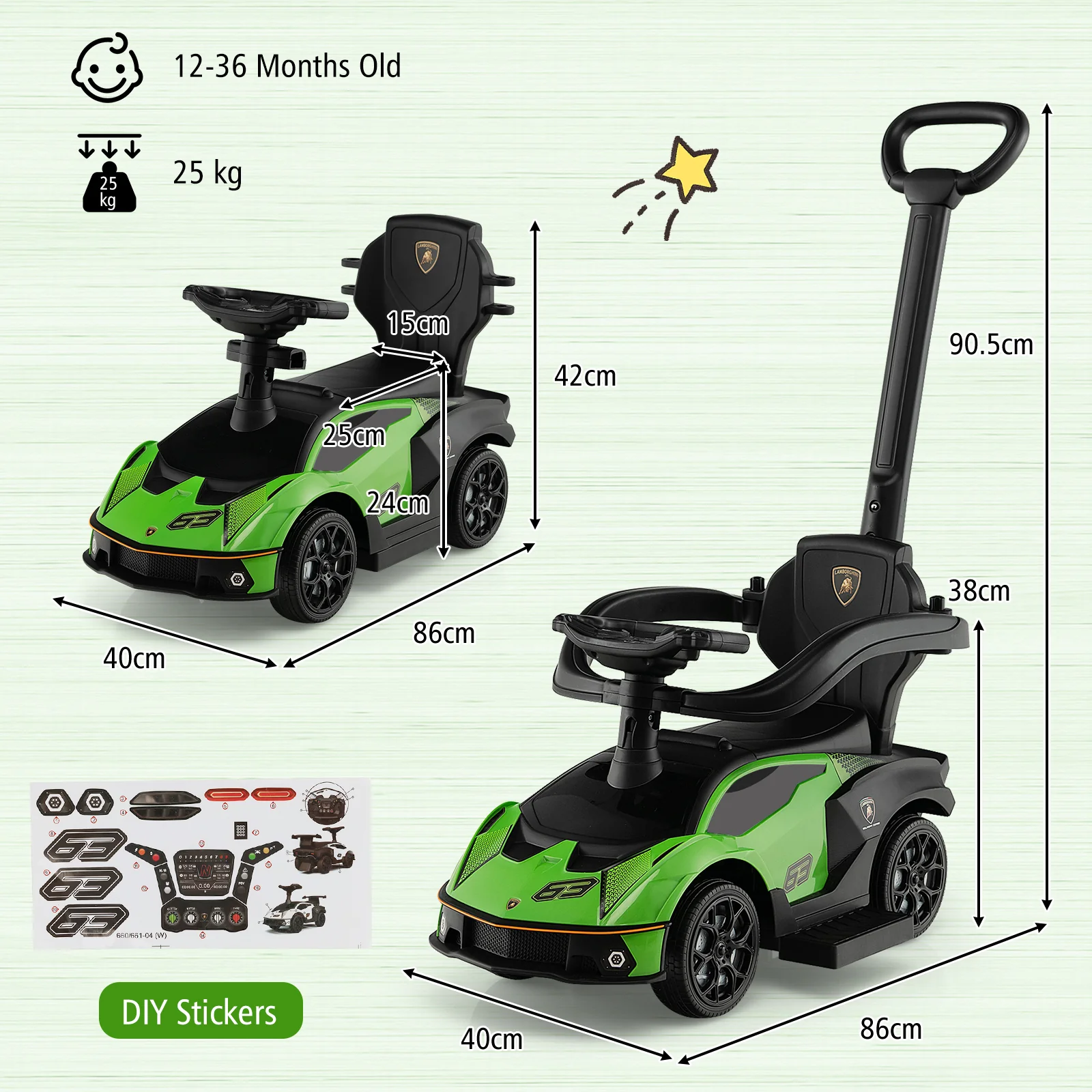 Kids Licensed Lamborghini Ride on Car with Push Handle-Green - Image 5