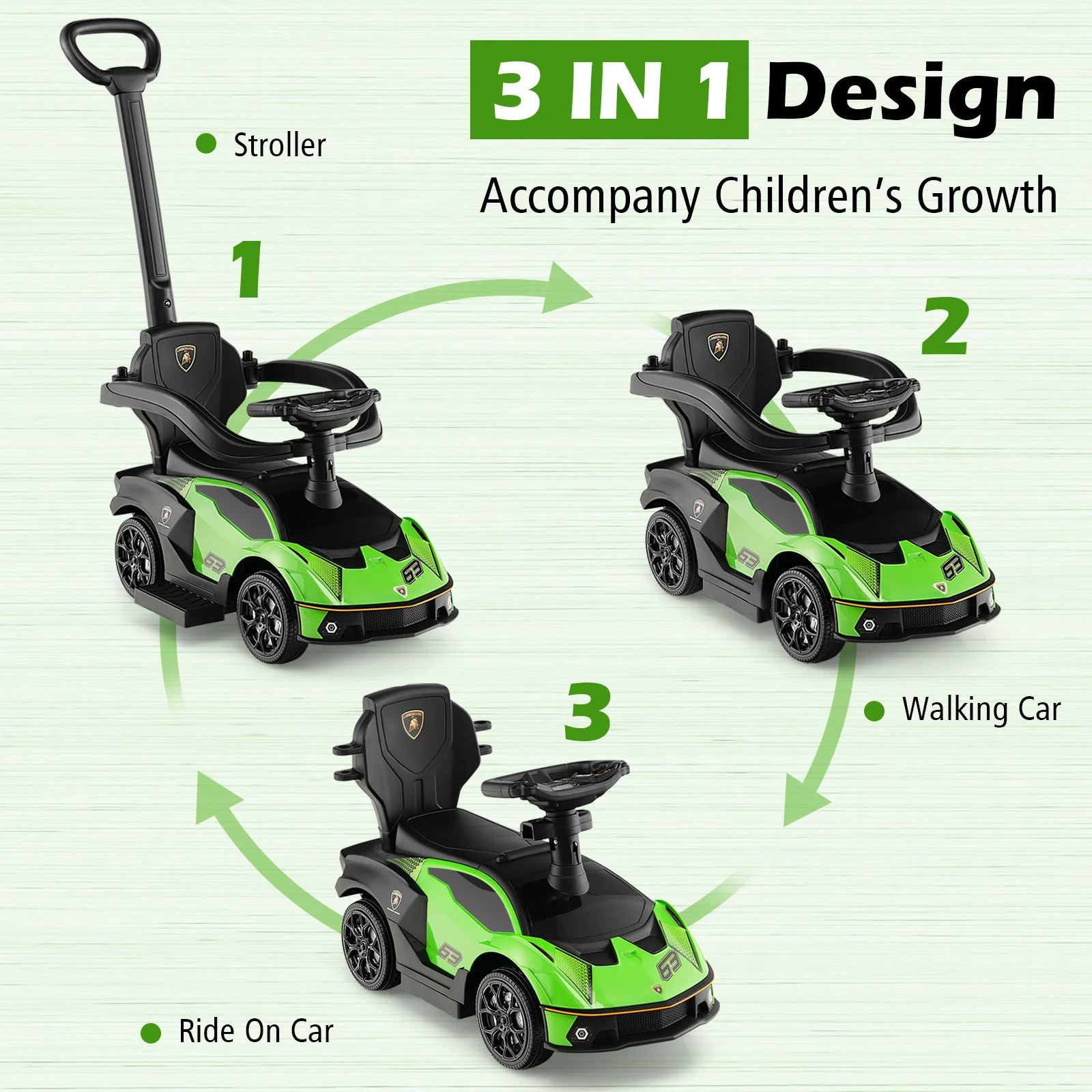 Kids Licensed Lamborghini Ride on Car with Push Handle-Green - Image 7