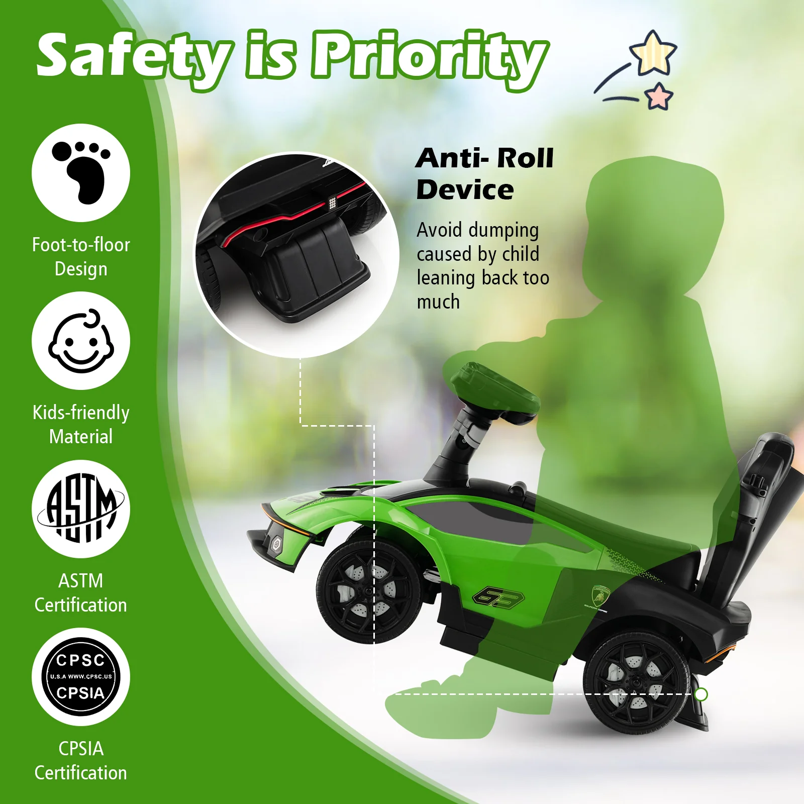 Kids Licensed Lamborghini Ride on Car with Push Handle-Green - Image 8