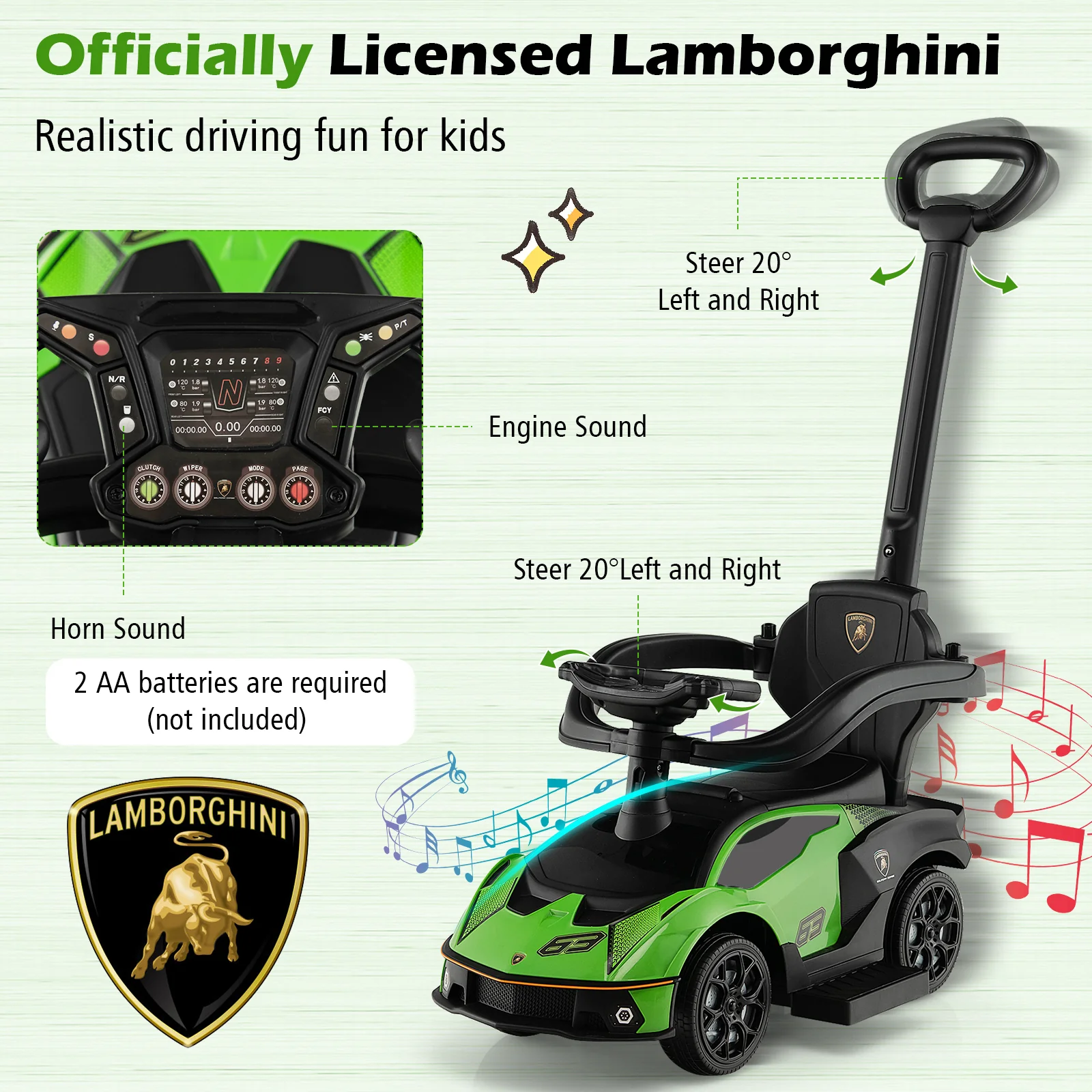 Kids Licensed Lamborghini Ride on Car with Push Handle-Green - Image 9