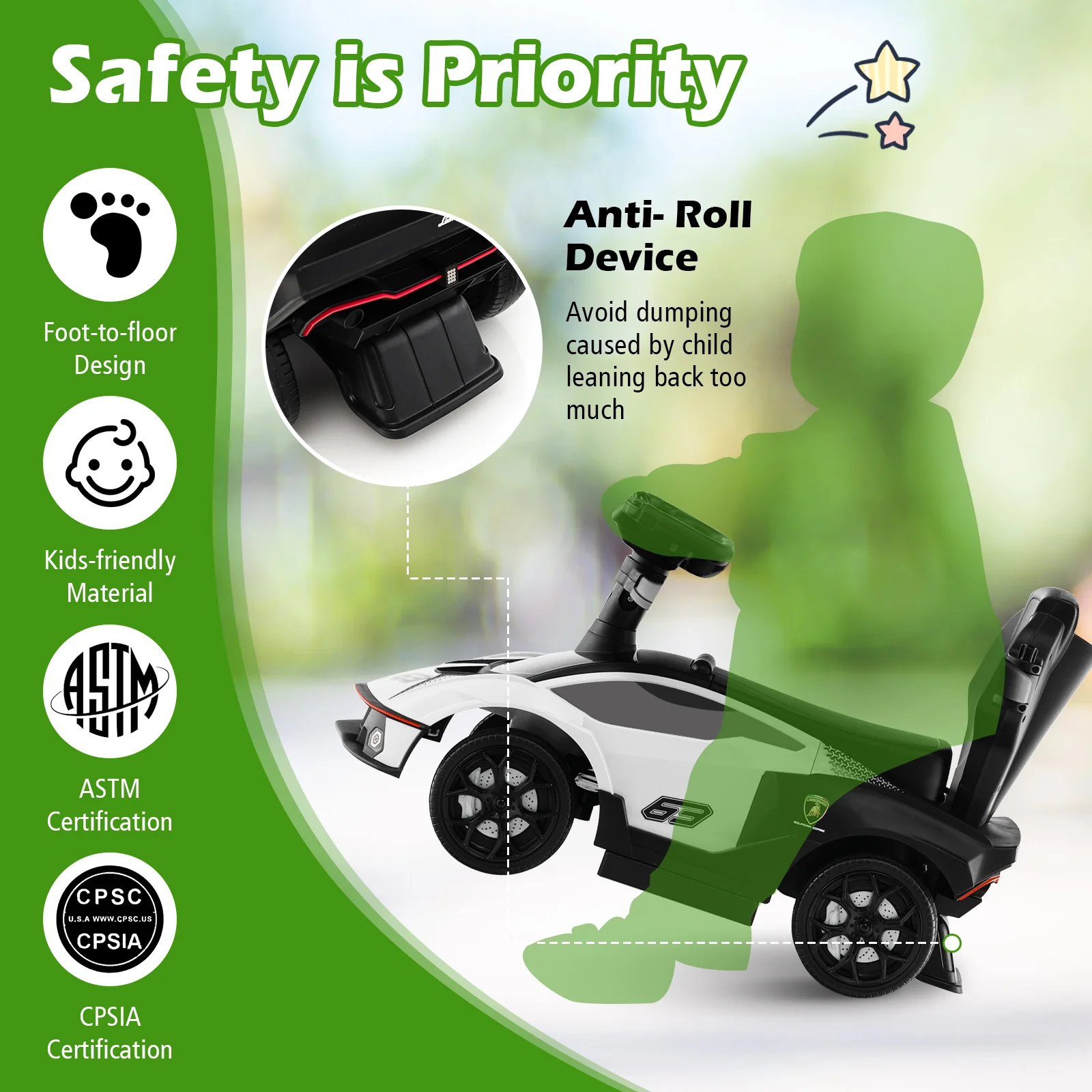 Kids Licensed Lamborghini Ride on Car with Push Handle-White - Image 9