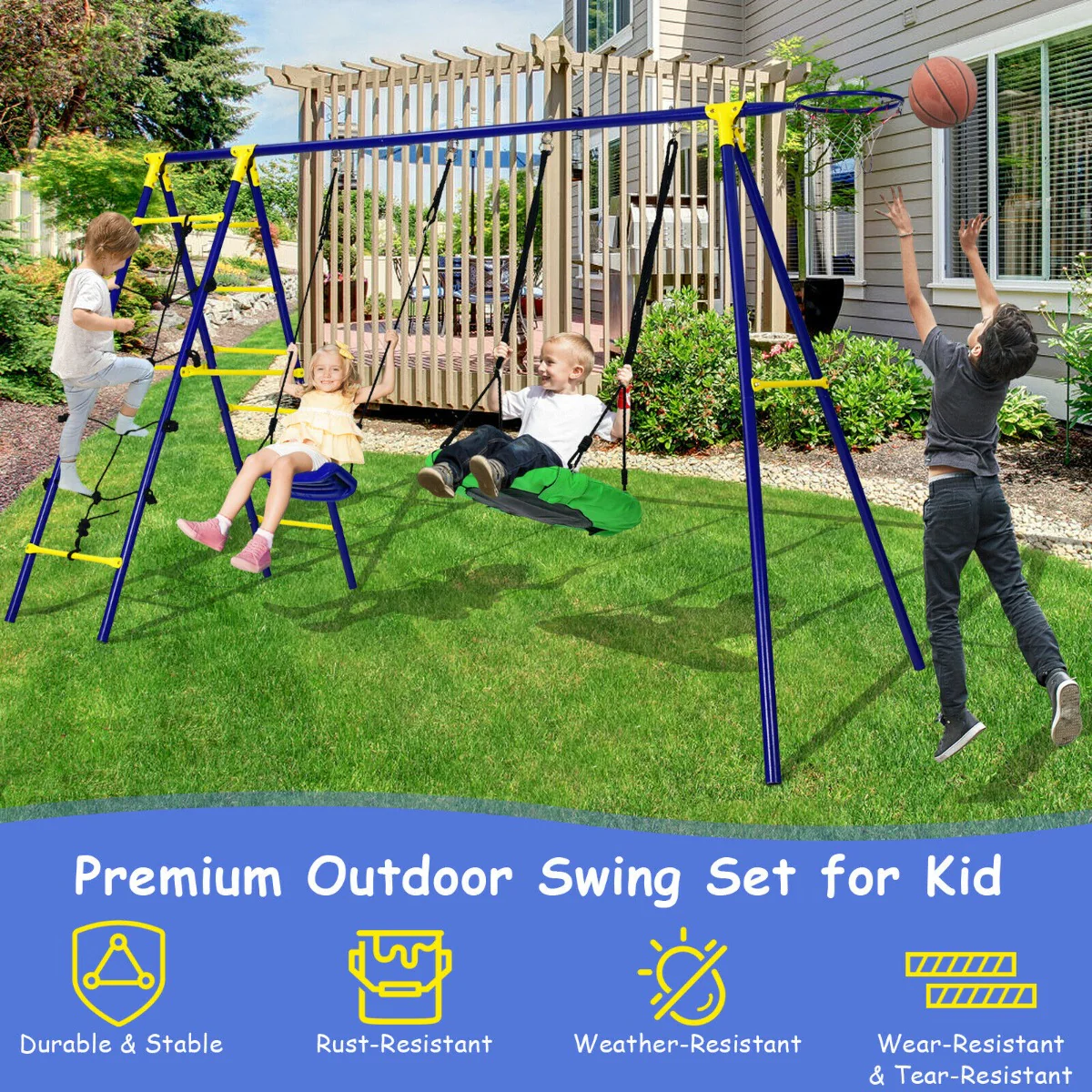 Kids Swing Set with Basketball Hoop and Climbing Ladder - Image 3