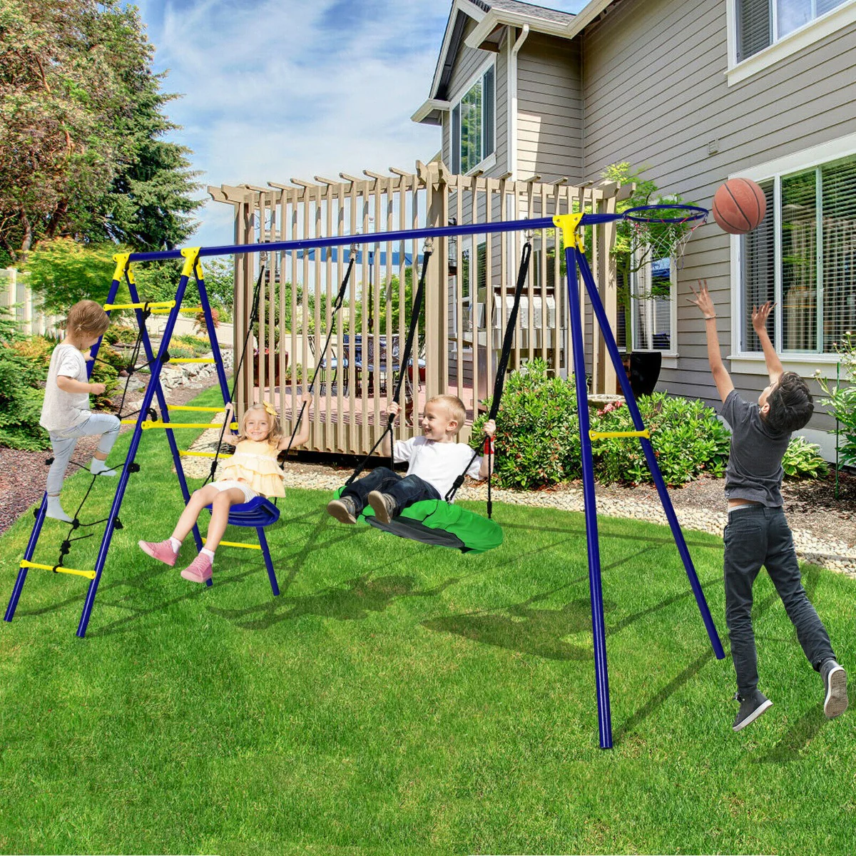 Kids Swing Set with Basketball Hoop and Climbing Ladder - Image 6