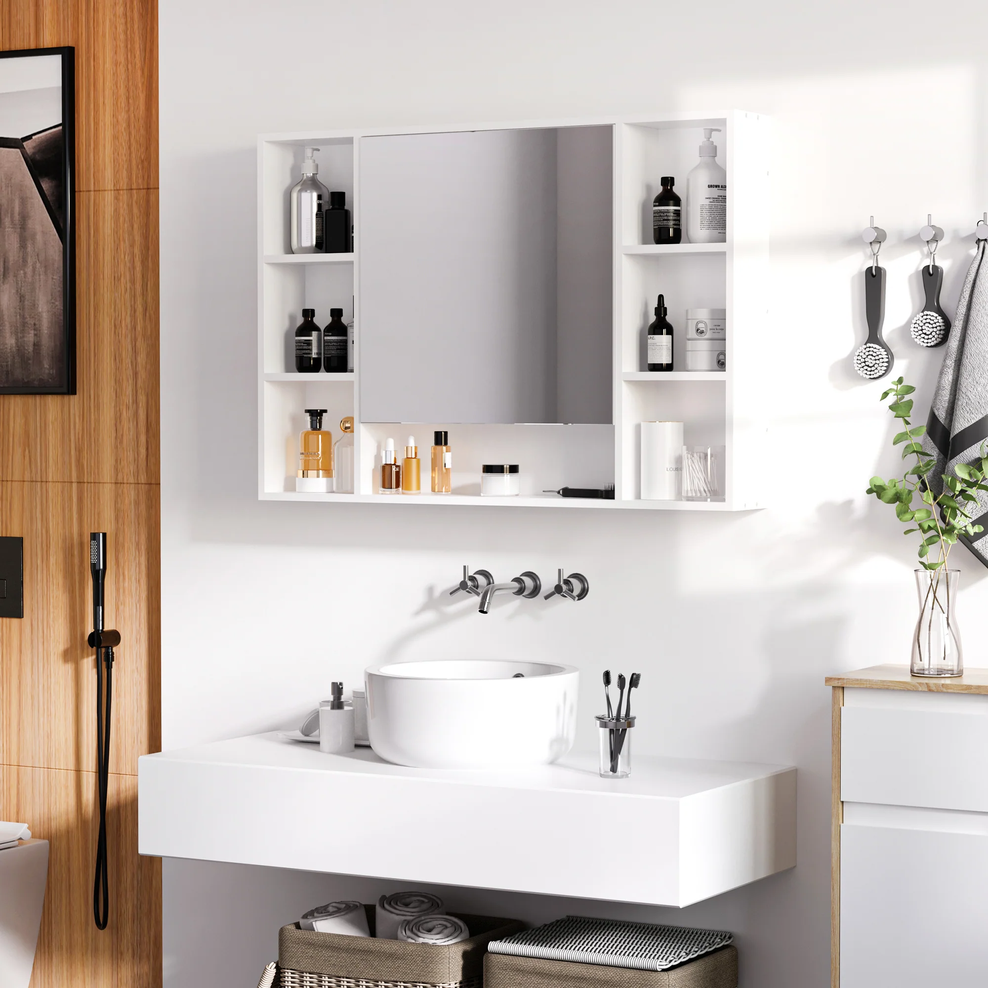 Kleankin Bathroom Cabinet Wall Mount Storage Organiser Mirror Shelves White - Image 2