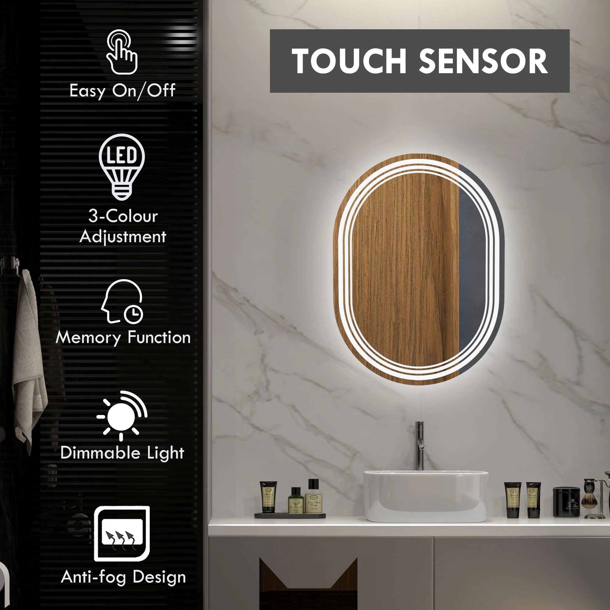 kleankin Bathroom Mirror with LED Lights, 3 Colours, Anti-fog, 70 x 50cm - Image 3