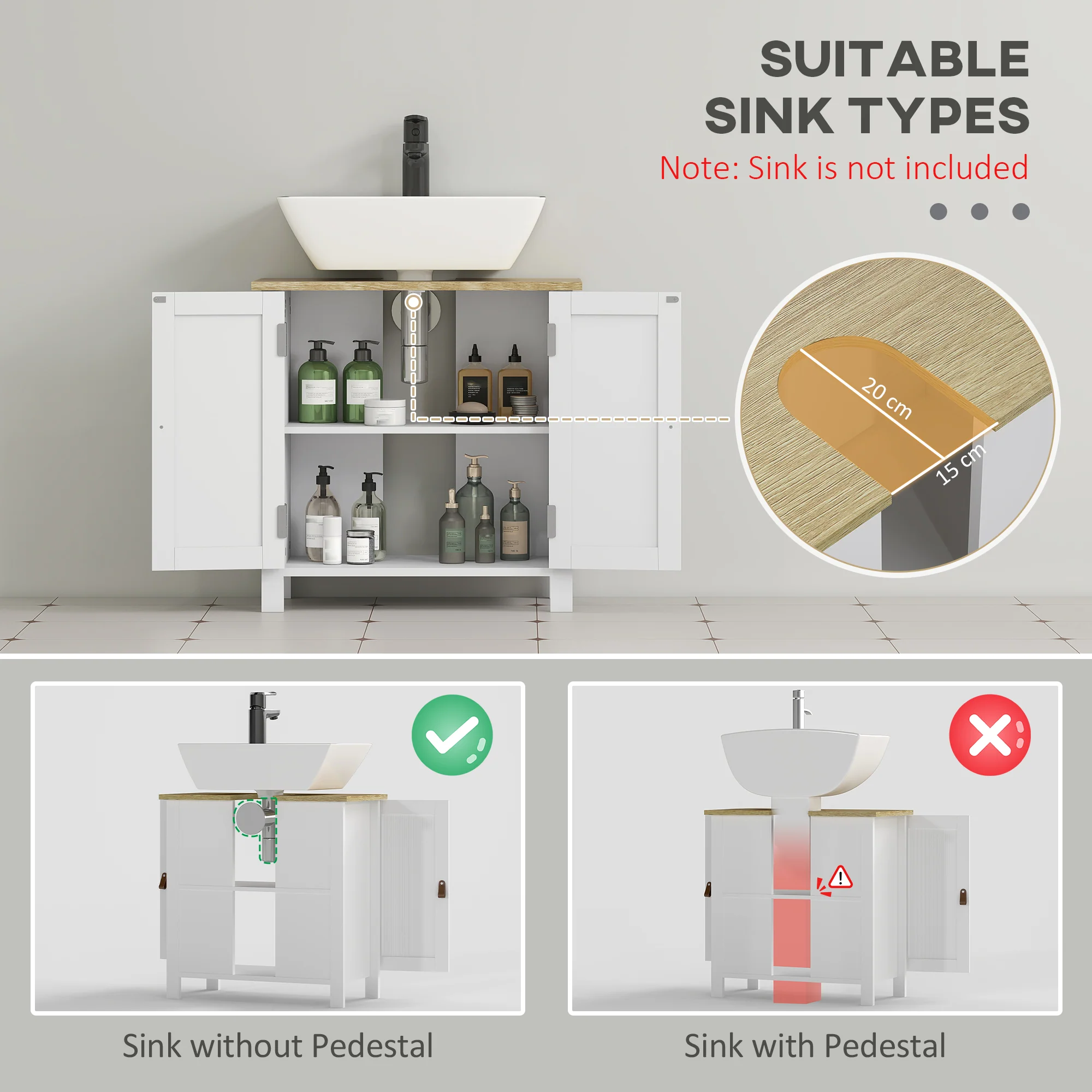 Kleankin Bathroom Under Sink Cabinet With Adjustable Shelf, White - Image 3
