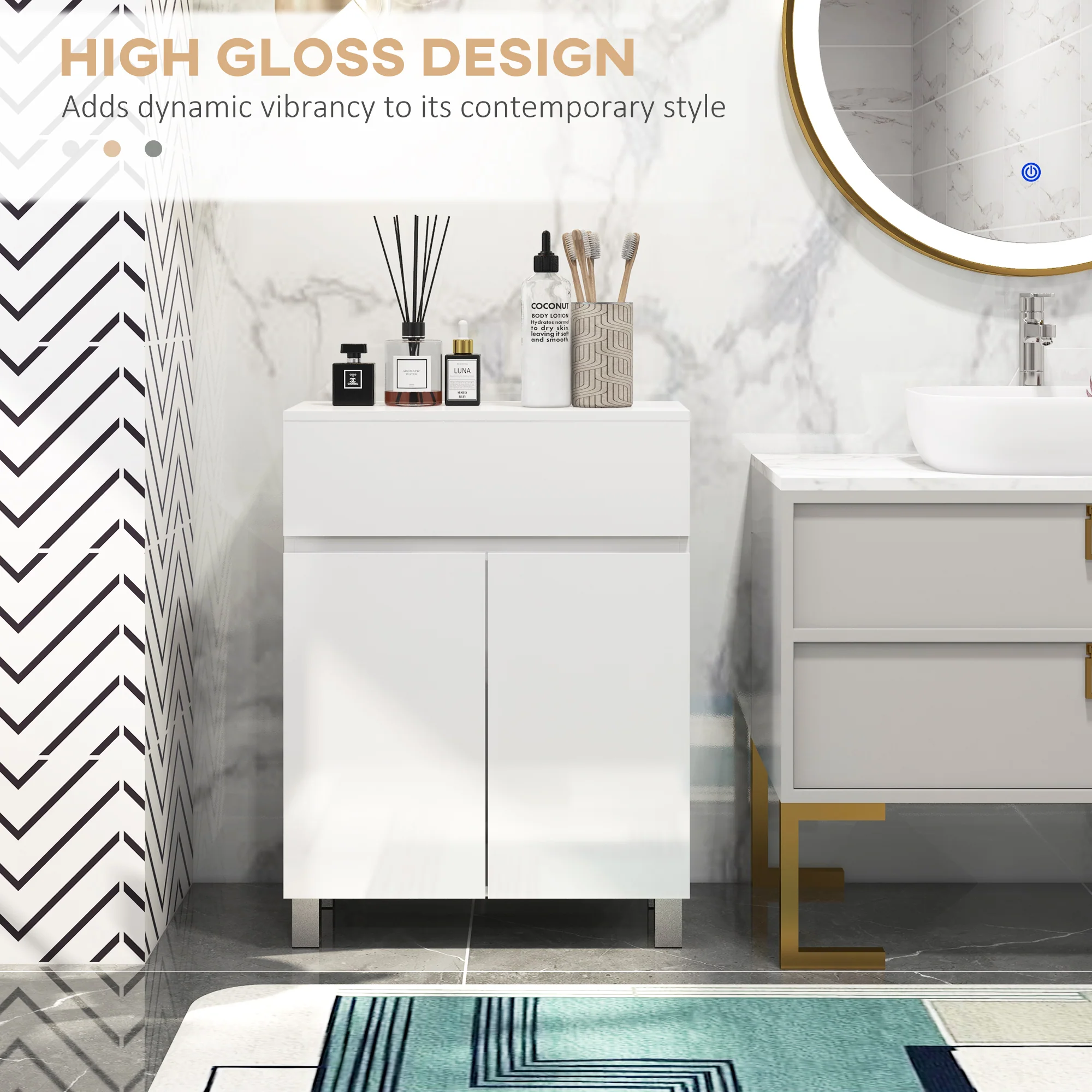 kleankin High Gloss Bathroom Floor Cabinet Storage Cupboard with Drawer - Image 3