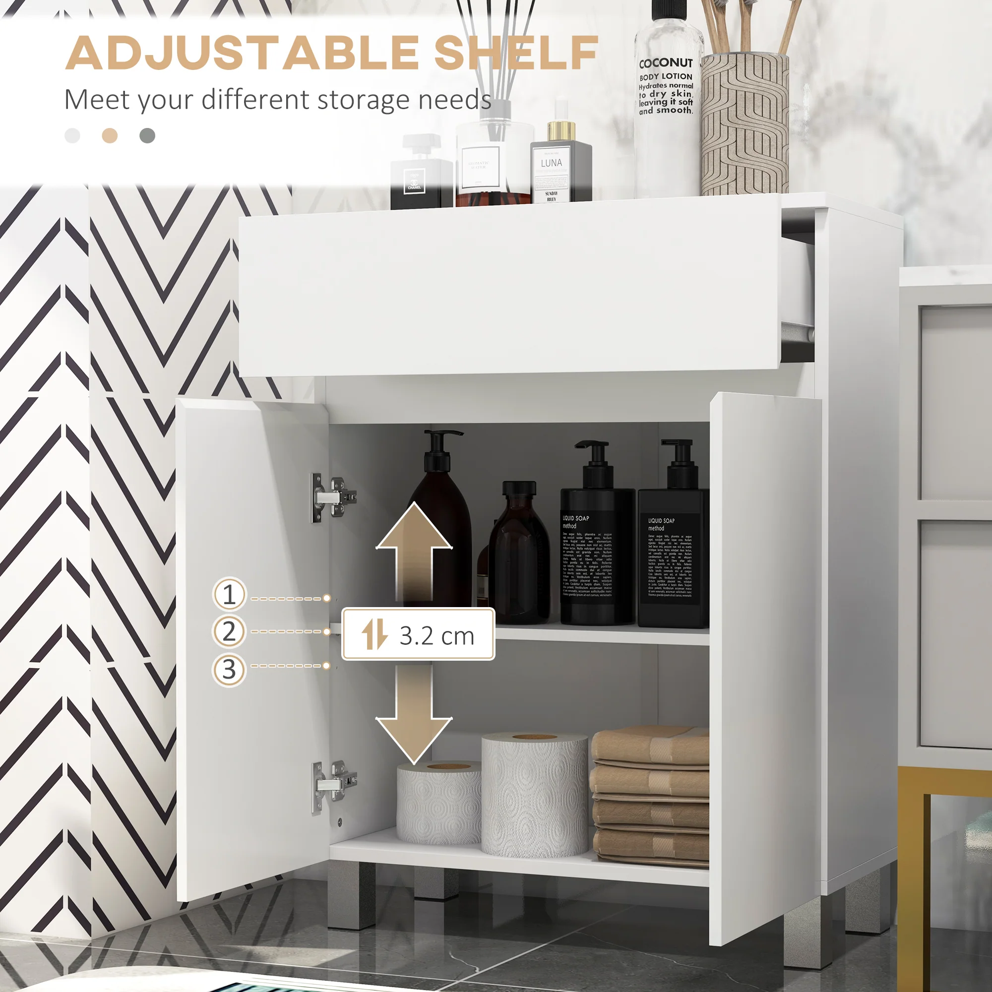 kleankin High Gloss Bathroom Floor Cabinet Storage Cupboard with Drawer - Image 4