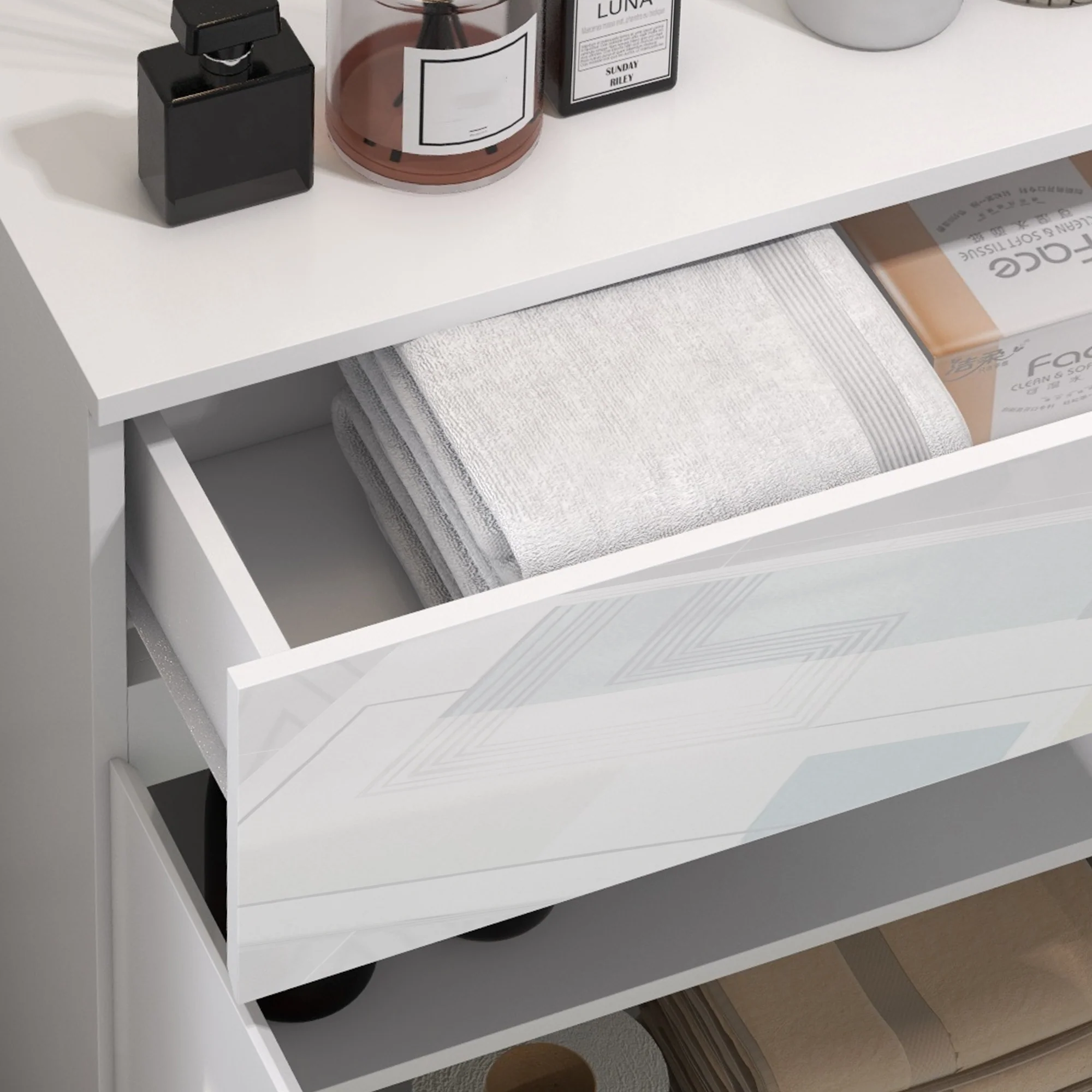 kleankin High Gloss Bathroom Floor Cabinet Storage Cupboard with Drawer - Image 9