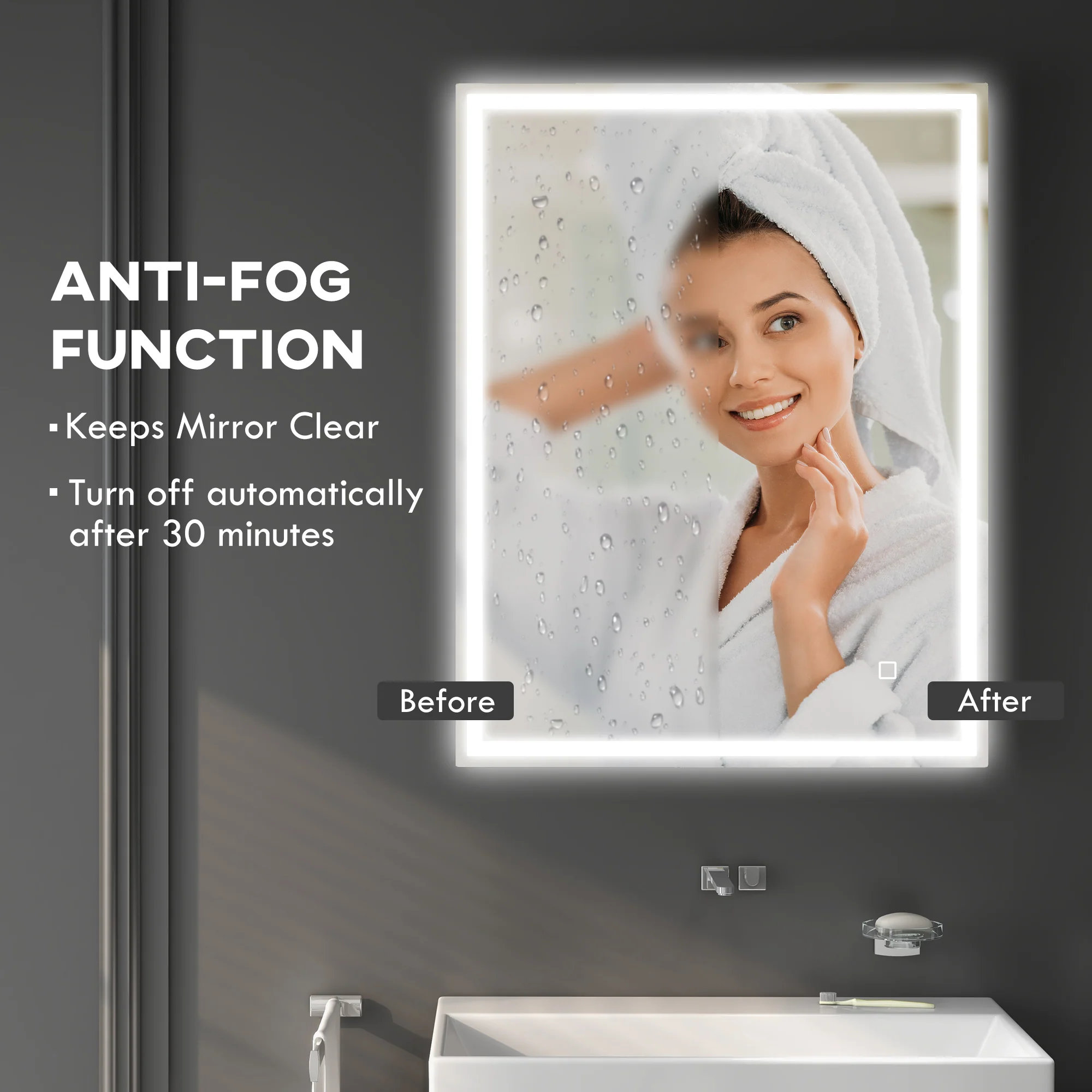 kleankin Illuminated Bathroom Mirror with LED Lights, 3 Colours, Defogging Film - Image 6
