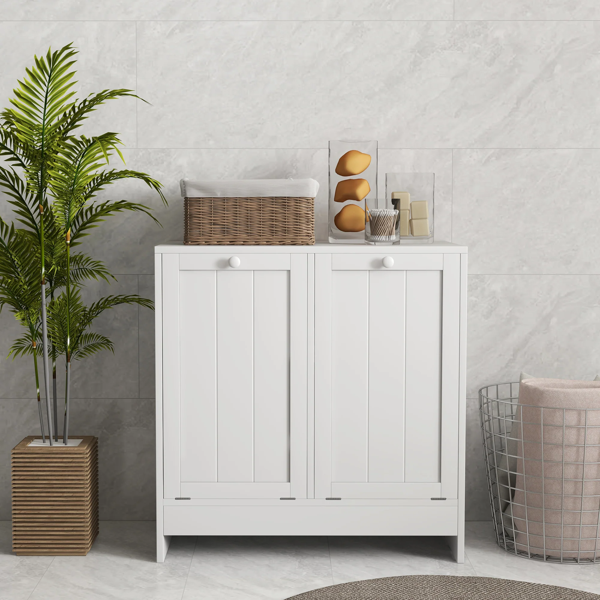 Kleankin Tilt-out Laundry Storage Cabinet With 2 Compartment Hampers, White - Image 7