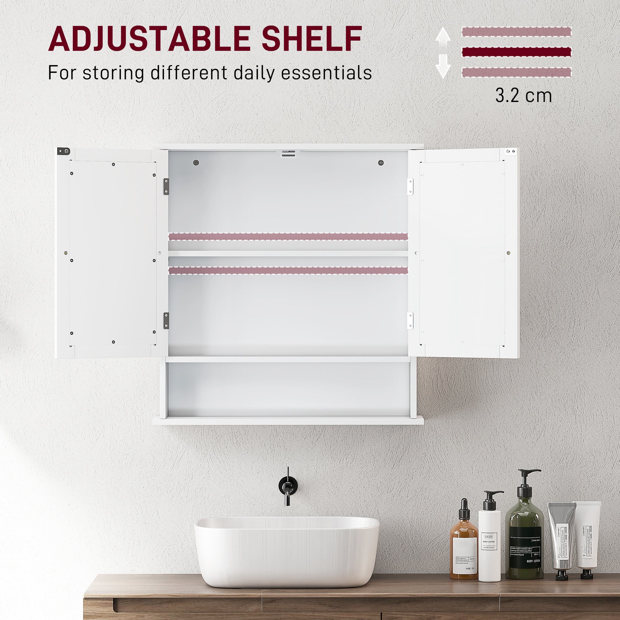 kleankin Wall Mounted Mirror Cabinet W/ Double Mirror Doors & Adjustable Shelf - Image 3