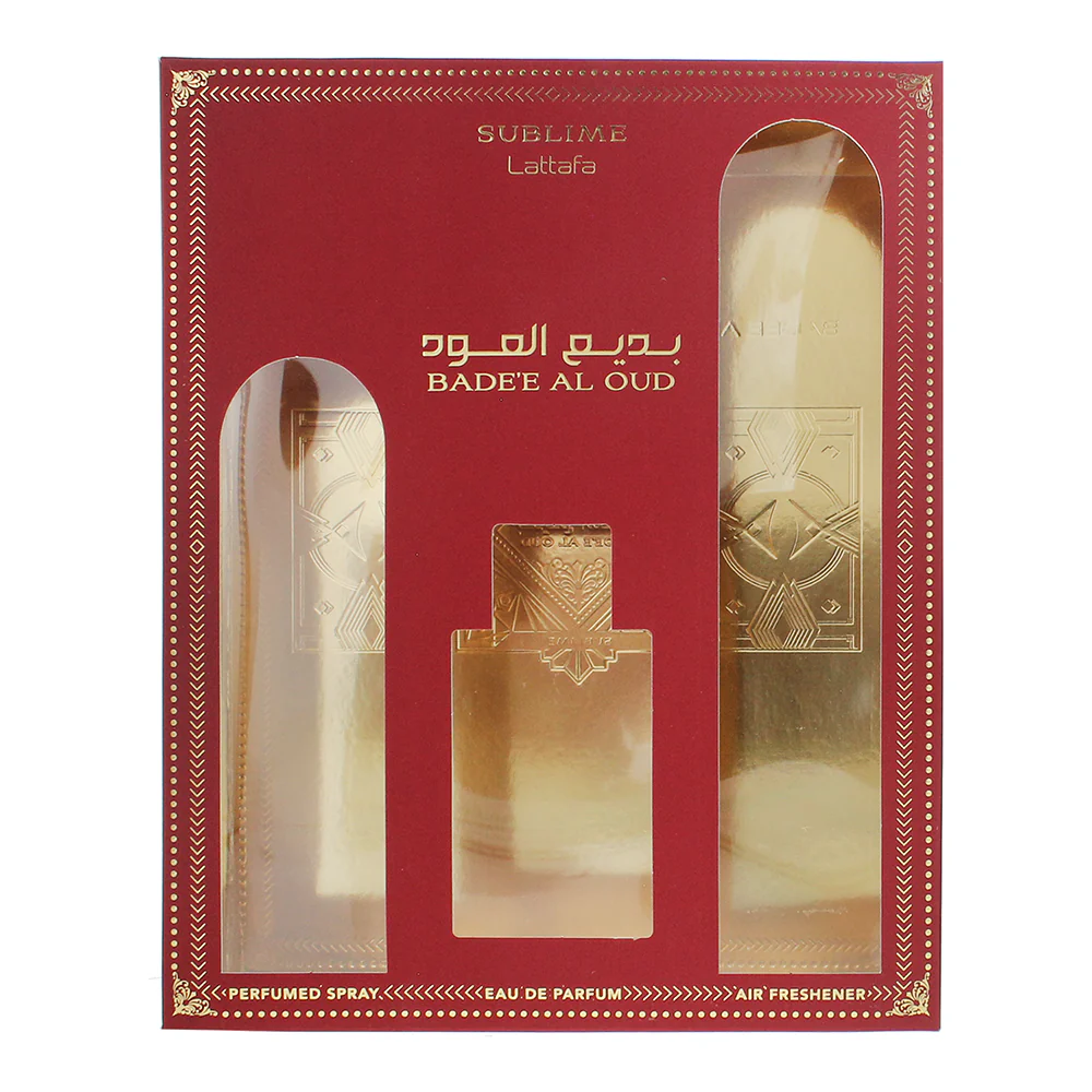 Lattafa Bade'e Al Oud Sublime 3 Piece Gift Set: Eau De Parfum 100ml - Air Freshener 300ml, And A Perfumed Body Spray 200ml - Image 3