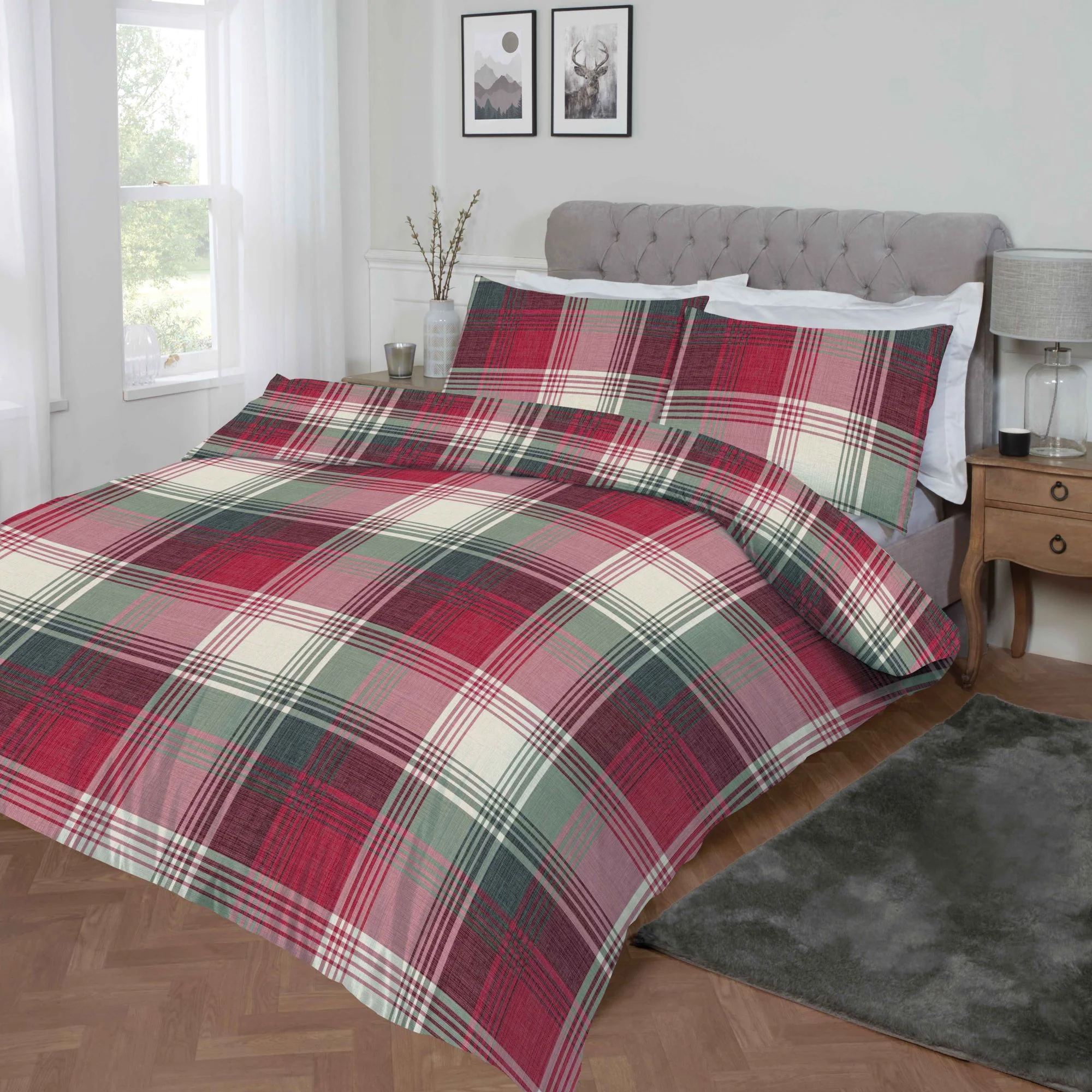 Lewis's Monroe Check Brushed Cotton Duvet Set - Maroon - Image 2
