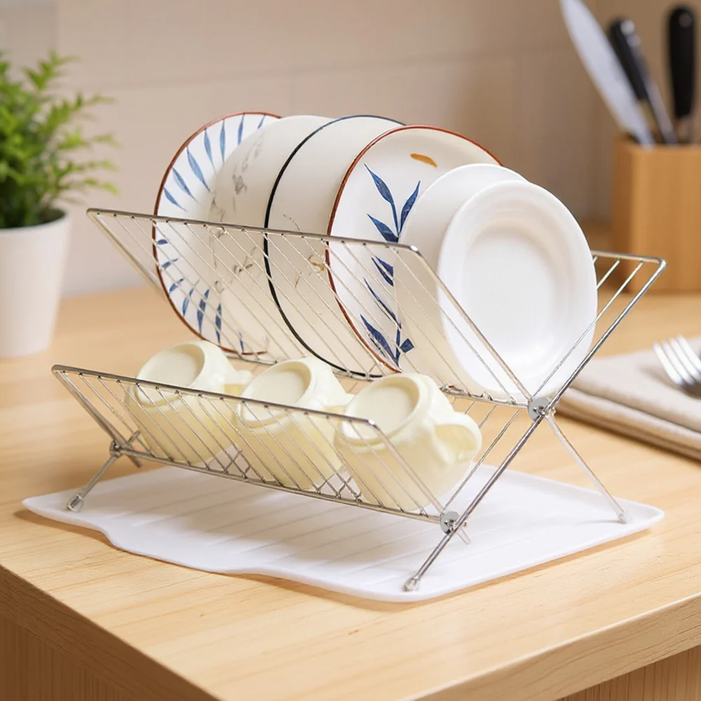 Lifeideas 2-Tier Foldable Countertop Dish Drying Rack with Drip Tray - Image 2