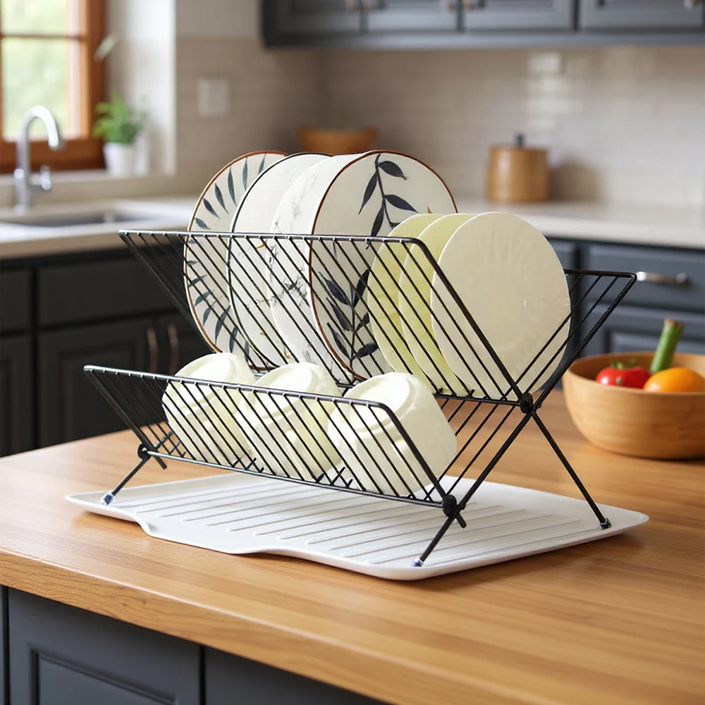 Lifeideas 2-Tier Foldable Countertop Dish Drying Rack with Drip Tray - Image 2