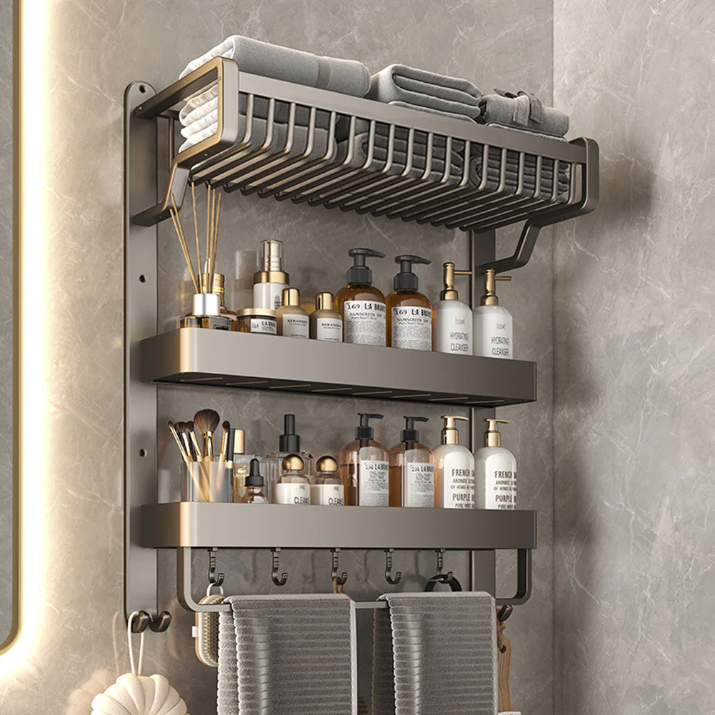 Lifeideas 3-Tier Bathroom Wall Shelf with Towel Bar and Hooks - Image 2