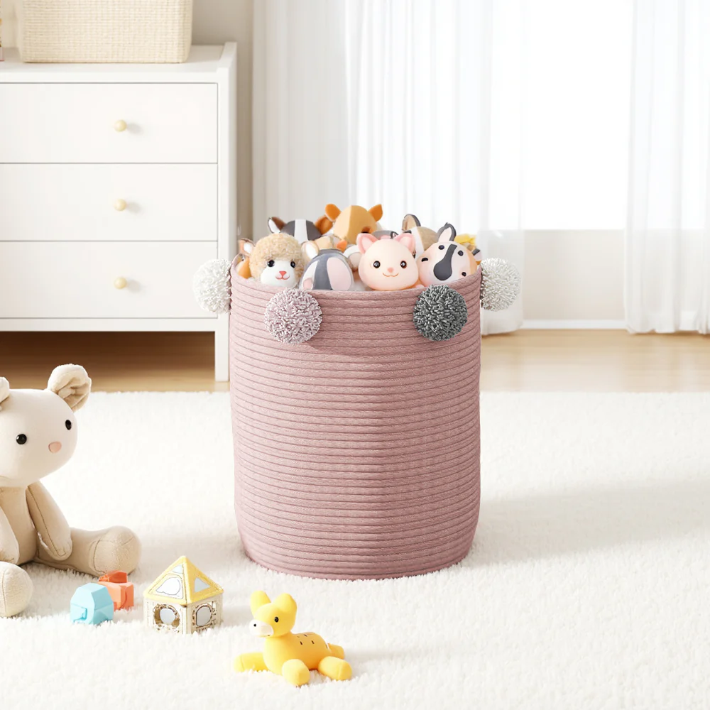 Lifeideas Cotton Rope Basket Woven Laundry Blanket Toy Basket Organizer with Pompom Living Room Pink - Image 2